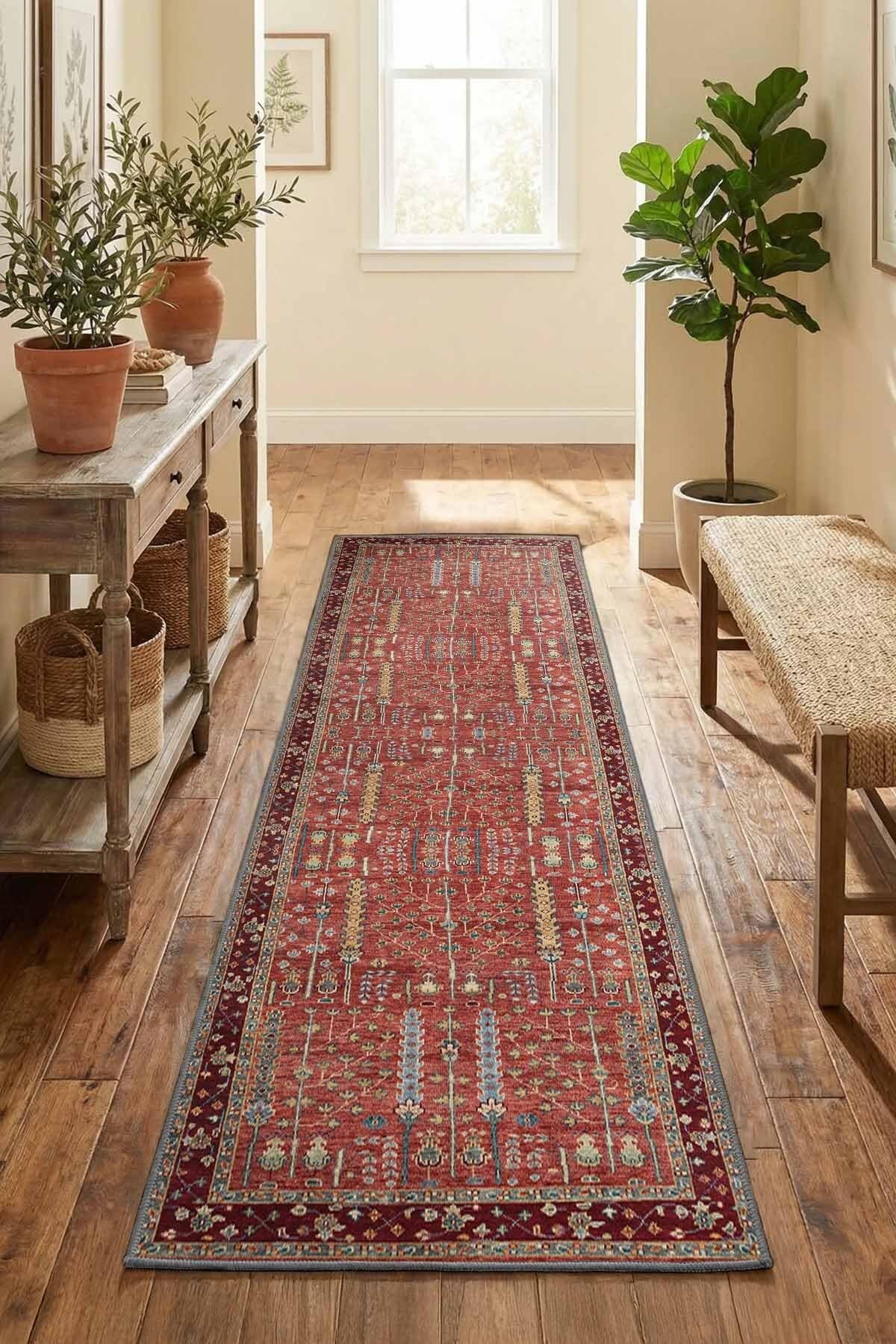 Monnhein Bordo Yolluk A-11 - Yıkanabilir, Kaymaz Taban, Dijital Baskılı, Leke Tutmaz, İnce Hav, Modern Koridor, Mutfak, Antre ve Salon için Dekoratif Yolluk