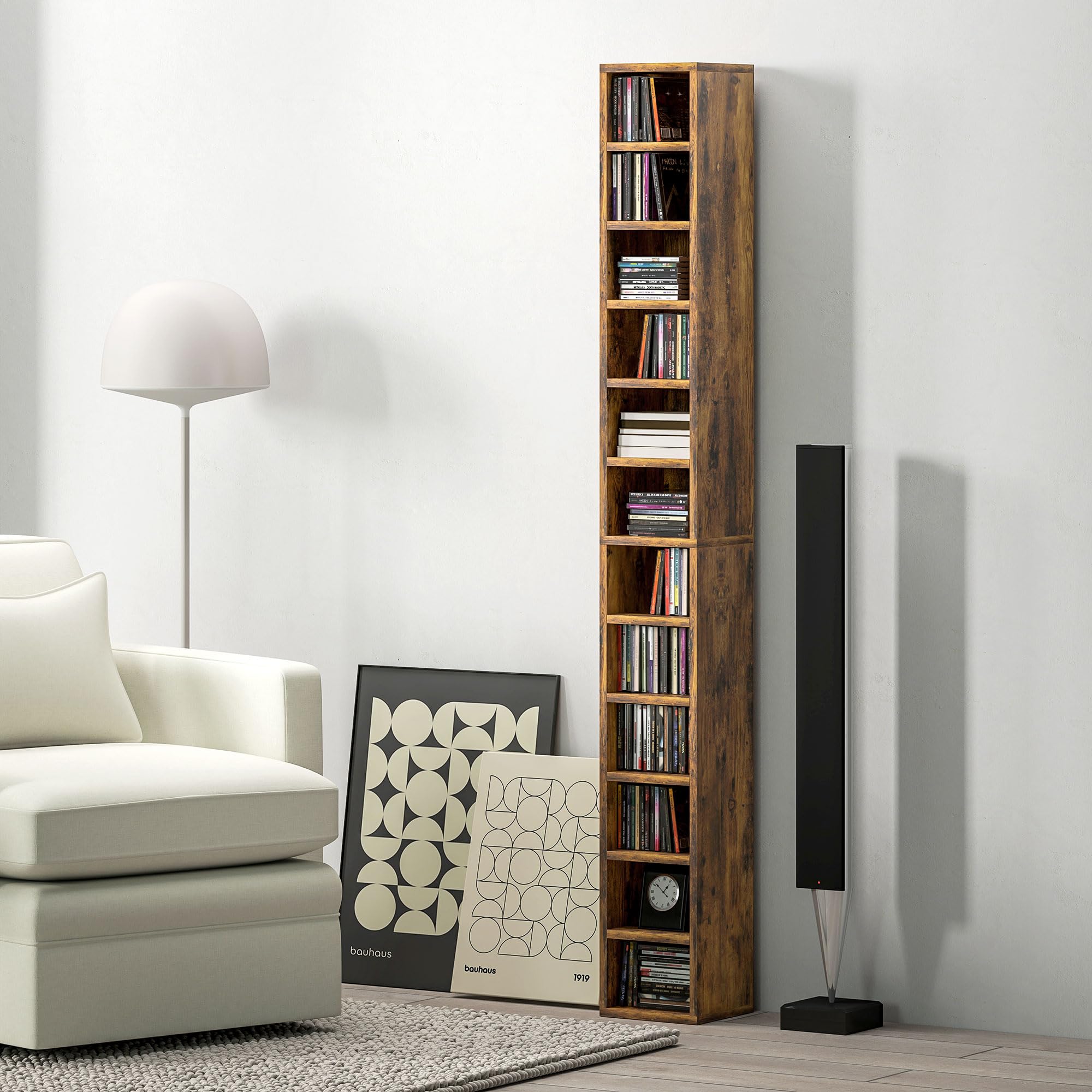 HOMCOM Regał do przechowywania płyt CD 204 z 12 kostkami, regał na książki o wysokości 175 cm do salonu, domowego biura, gabinetu, rustykalny brązowy