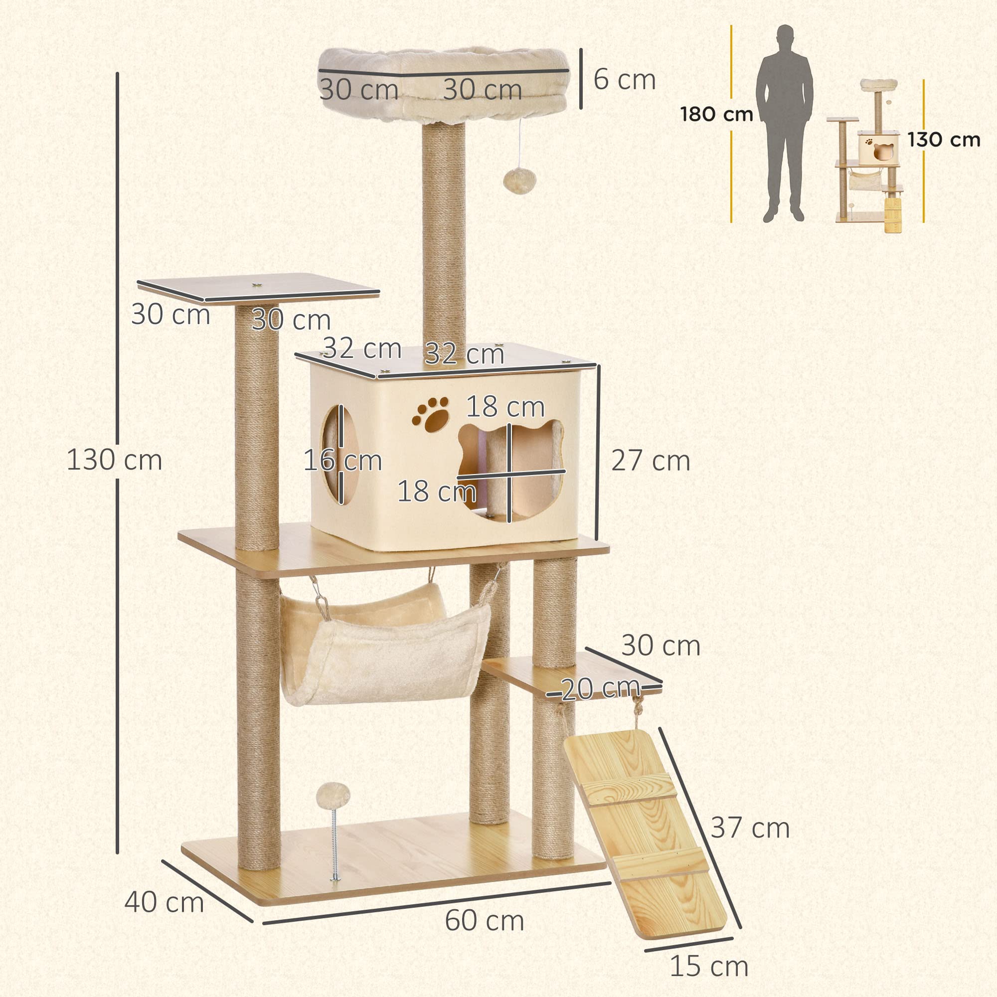 PawHut Drapak dla kotów, drzewko do wspinaczki z drewna z jamą dla kota z pniami juty, duża platforma, piłki do zabawy, wysokość 130 cm, stabilne, pluszowe, żółte, 60 x 40 x 130 cm