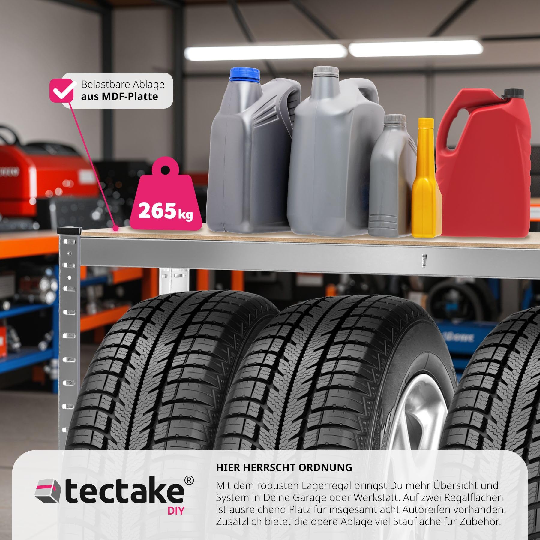 tectake® Reifenregal bis zu 8 Reifen aus Metall, Regal für Keller oder Garagen, Werkstatteinrichtung, für Autoreifen Aufbewahrung, Lagerregal 180x120x40cm, Reifenständer, Schwerlastregal, Felgenbaum
