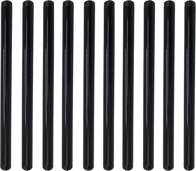 1/2 Inch Mallealbe Cast Iron Pipe, Pre Cut, Industrial Steel Black Fits Standard One Half Inch Black Threaded Pipes Nipples and Fittings, Build Vintage DIY Furniture, 10 Pack (12 Inch Length)