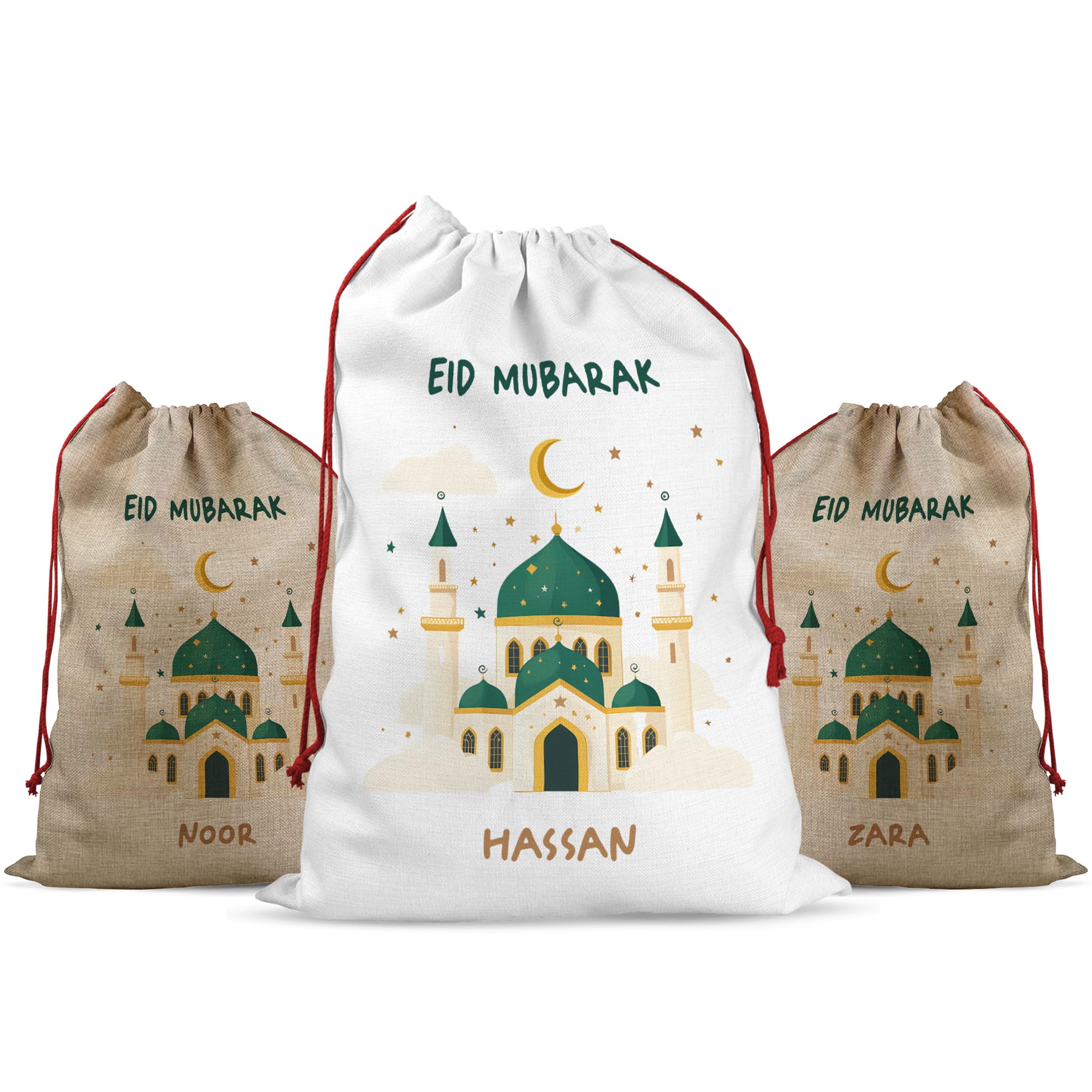 Personalised Eid Sack for Kids – Eid Mubarak Gift Bag & Ramadan Treat Bag – Reusable Drawstring Islamic Gift Sack with Name for Children Family – Sweets Toys Gifts Bag Machine Washable
