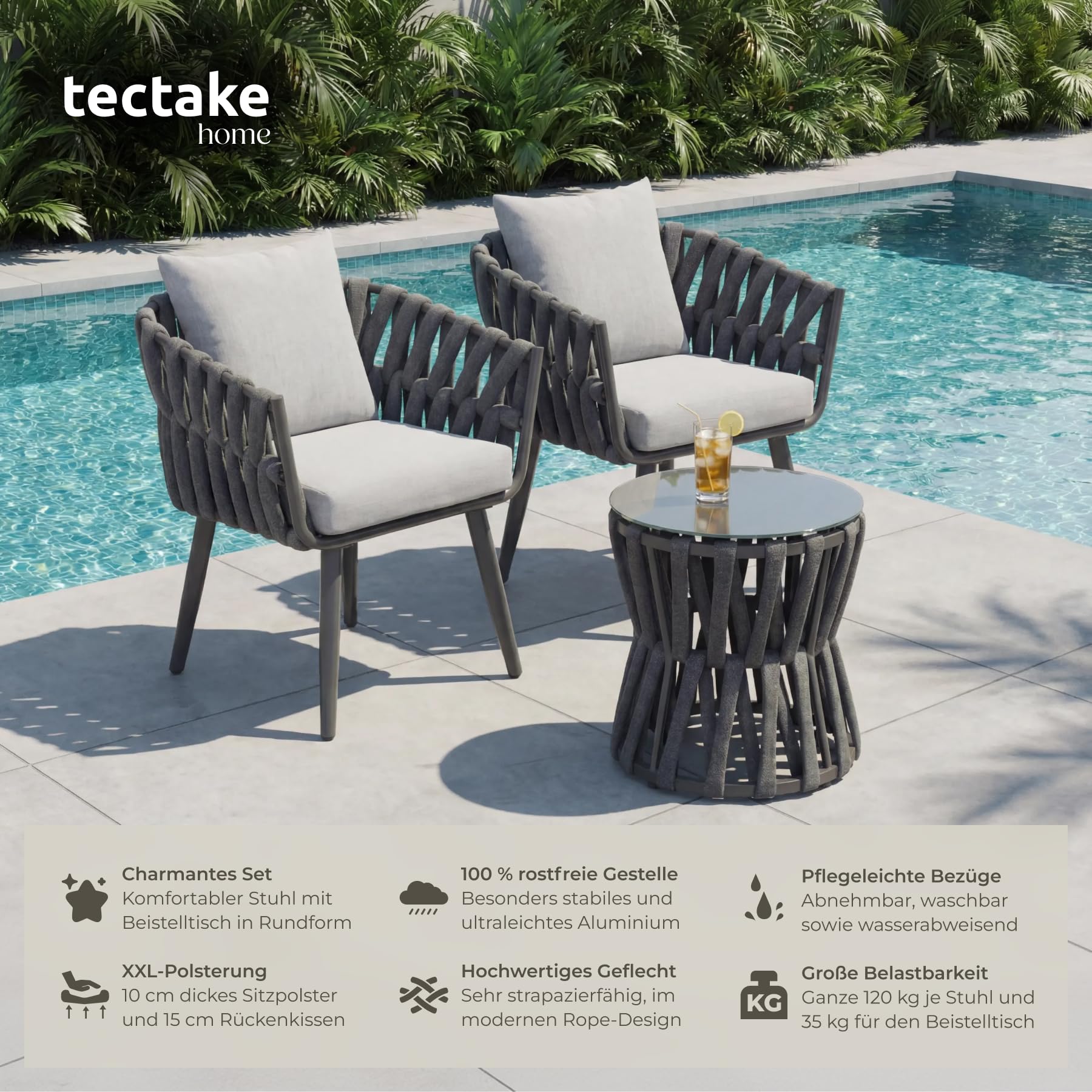 tectake® Gartenmöbel-Set Lugano Rope-Design, Aluminiumgestell, Tisch 2 Stühle, Dicke Sitzpolster, Gartenlounge, Loungemöbel, Gartensitzgruppe, Outdoor Lounge Set, Terrassenmöbel, Balkonmöbel