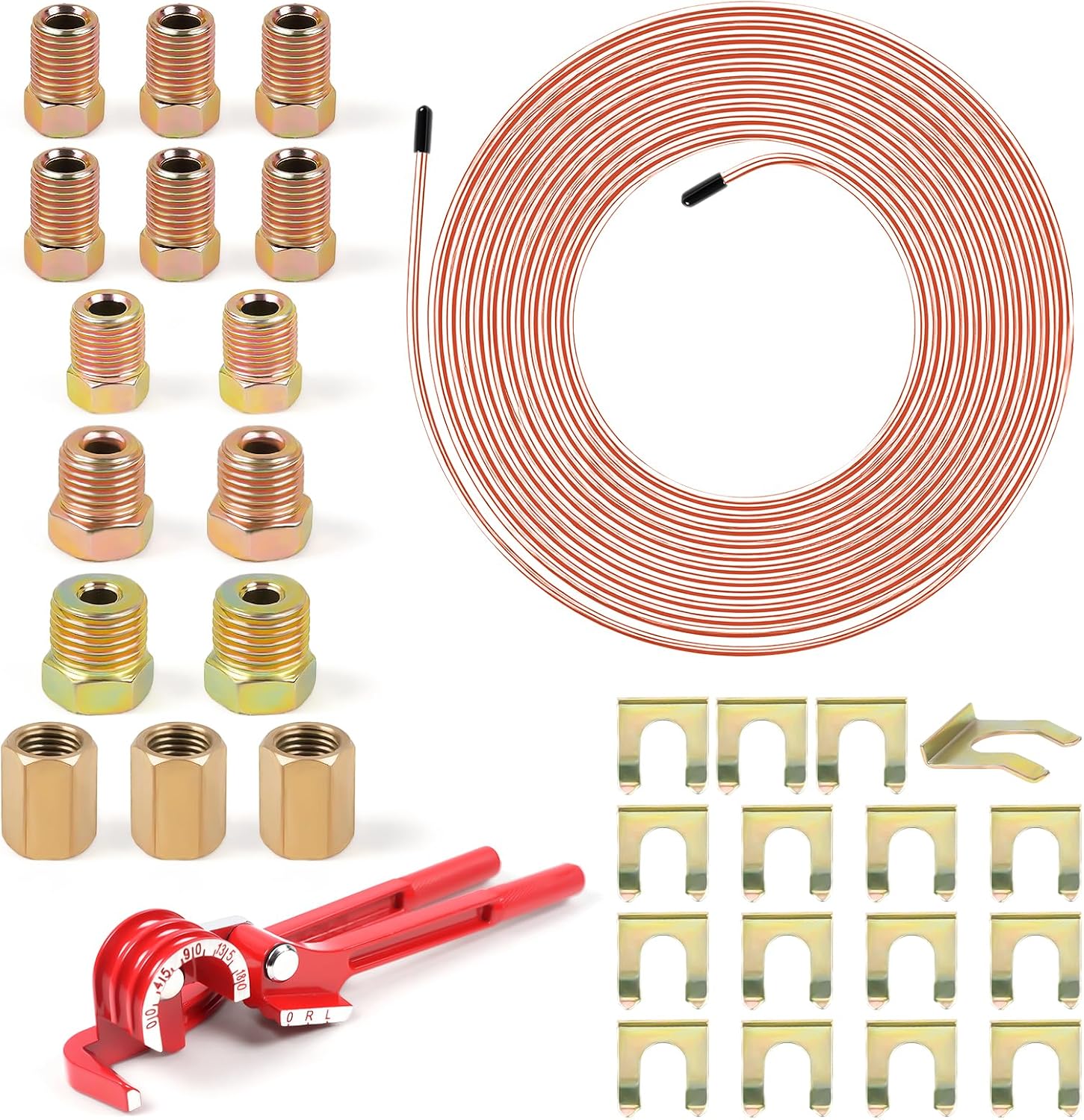 3/16" 25FT Copper Coated Brake Line Kit with Inverted Nuts and Unions, 3 in 1 Tube Bender, Brake Line Clips, Copper Coil Repair Kit for Car Industrial Hydraulic Brake Systems(Gold)