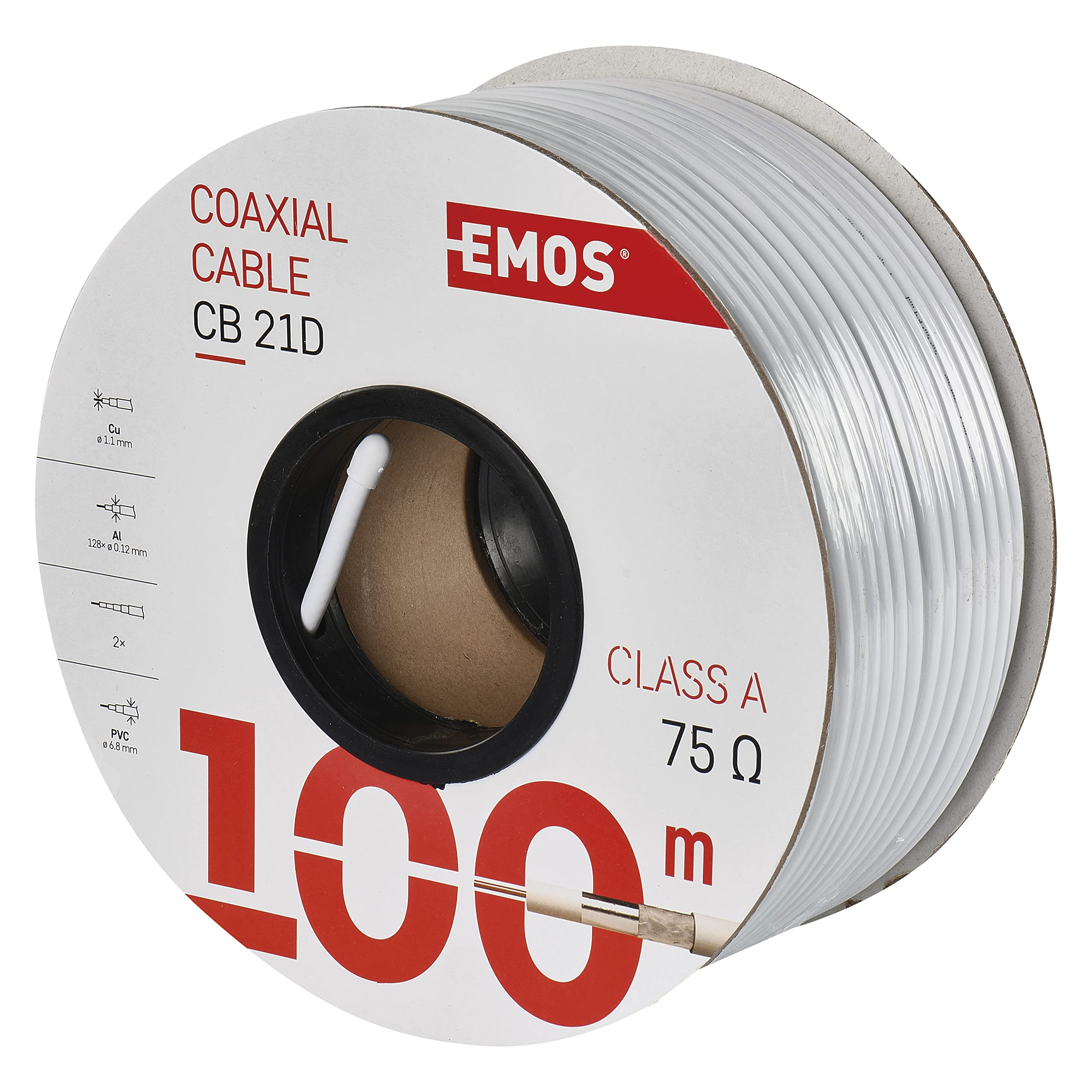 EMOS Cavo antenna 100 m bianco coassiale CLASS A per SAT, TV e CCTV tipo CB21D doppia schermatura, 110 dB, resistenza 75 ohm