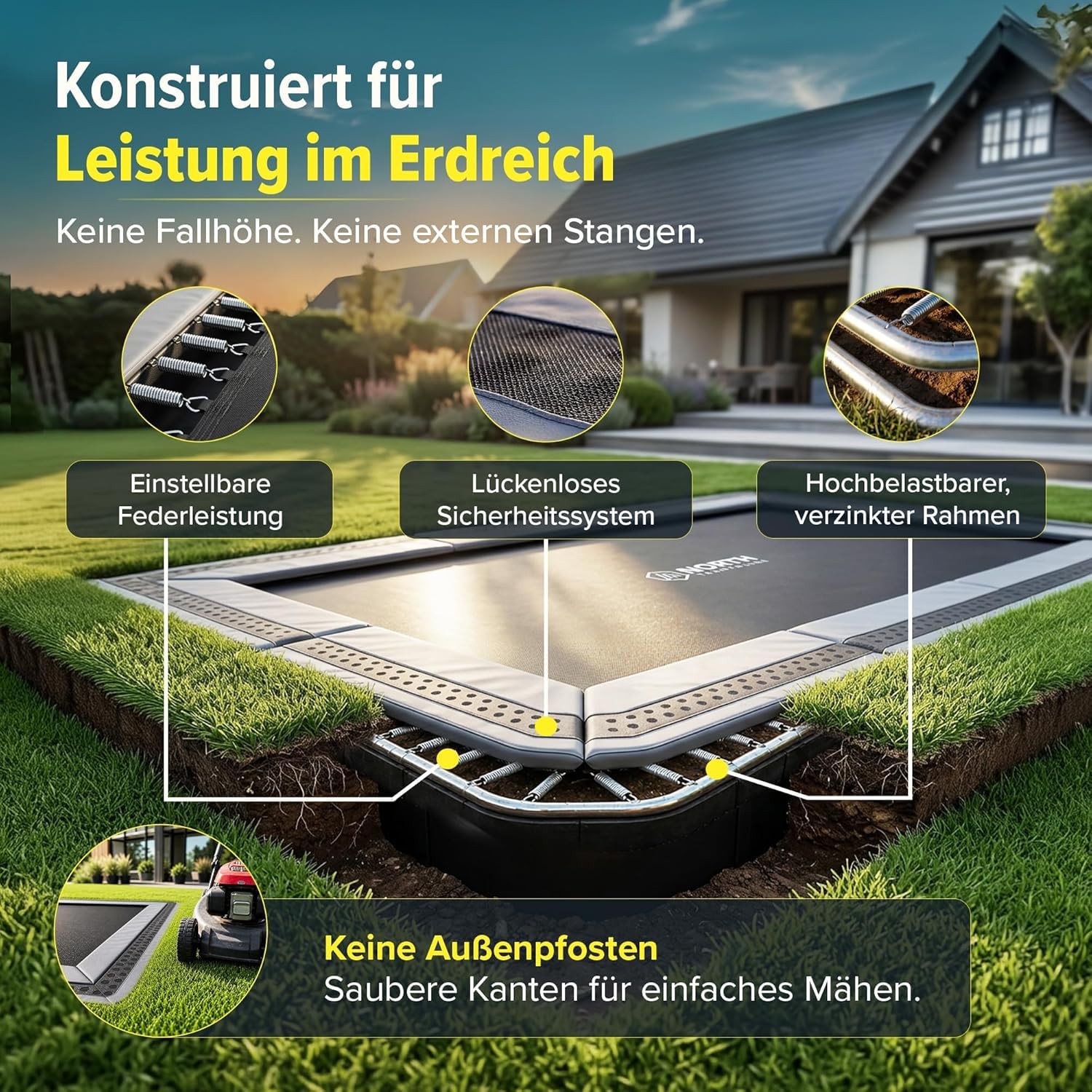 North Trampoline Boden Trampolin Outdoor mit Sicherheitsnetz & Abdeckplane – Bodentrampolin Gartentrampolin – Anpassbare Hohe Sprungkraft – TDU Belüftete Polster – Verzinkter Rahmen – Kinder, Familie