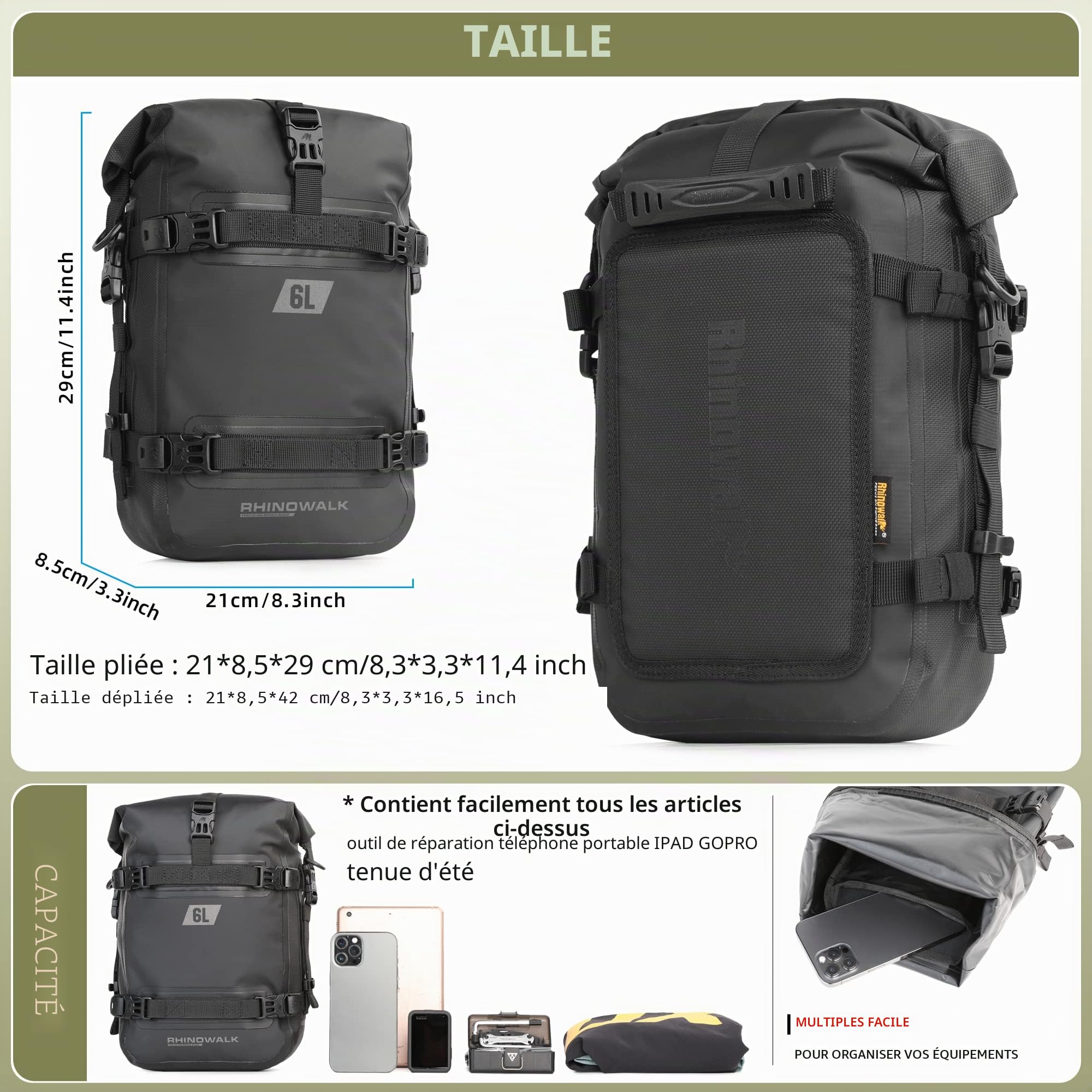 ENJOHOS Sacoche Crash Bar Moto Latérale Étanche 6L Bandoulière Noir