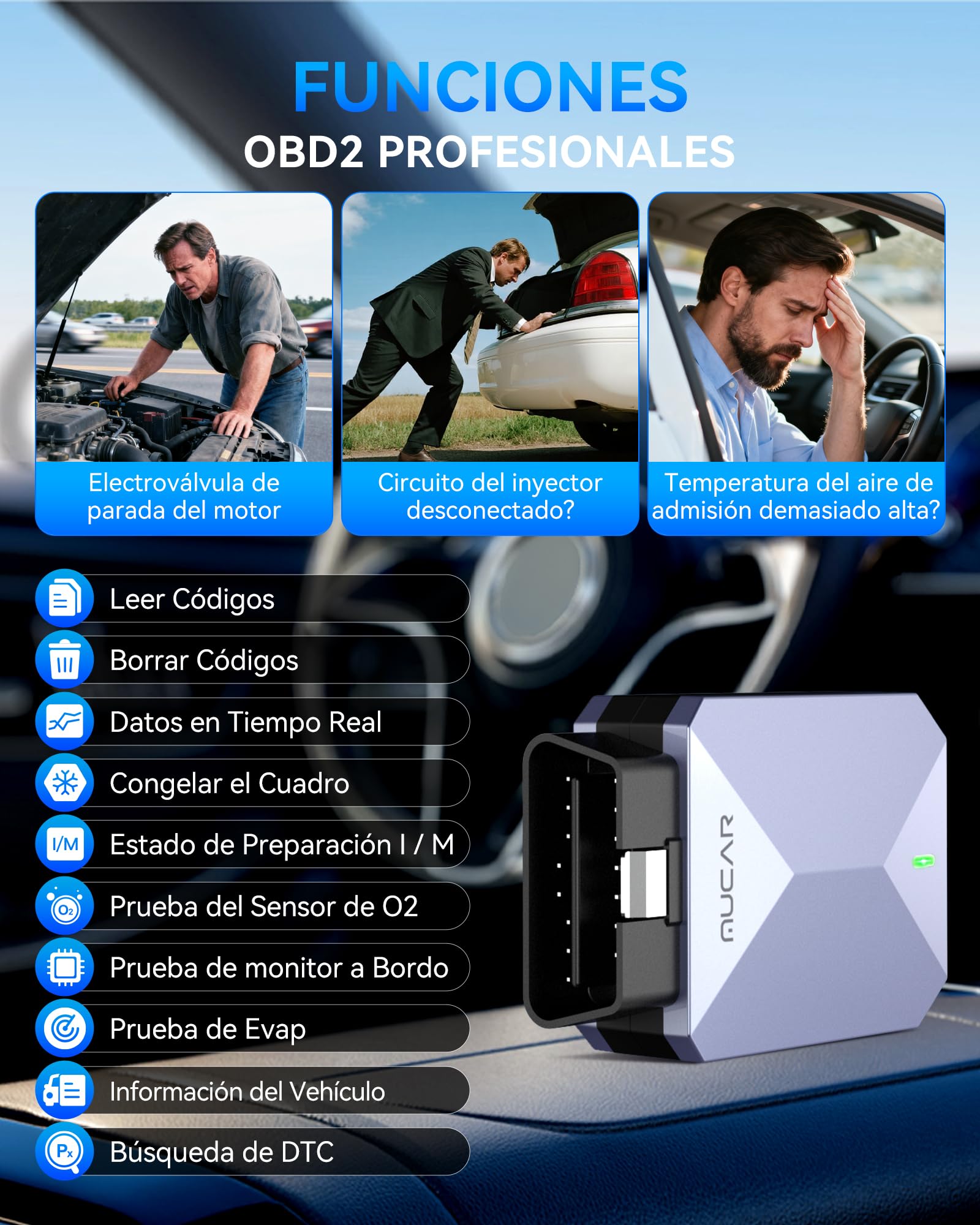 MUCAR BT200 MAX AI Accesibilidad Adaptador Bluetooth OBD2 | Diagnosis Coche Multimarca Todos Sistema+15 Funciones de Reinicio, OBD2 Diagnosis Active Test-Actualización Gratuita