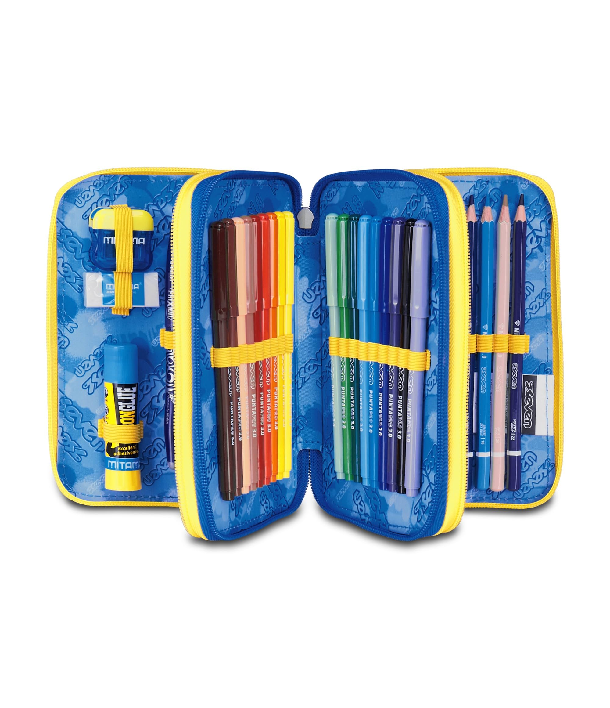 Seven Astuccio Scuola 3 Zip, Blu Giallo, Portapenne Triplo Scomparto Completo Di Penne, Matite, Colori, Accessori Zaino, Scuola Elementare, Bambino