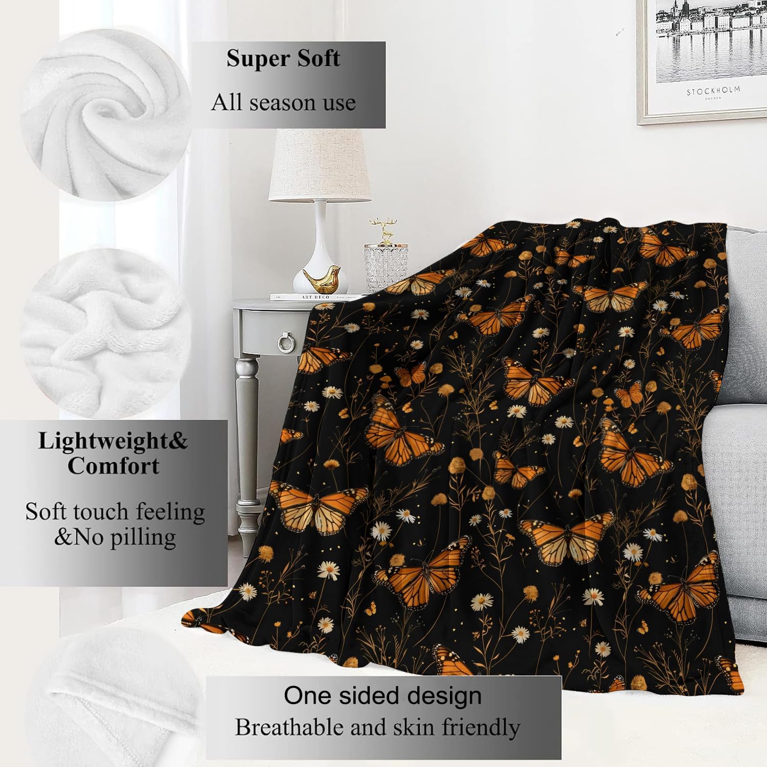 Butterfly Garden Blanket Floral Black Throw Blankets Gifts for Girls Women Adults Lightweight Soft Fleece Cozy for Sofa Couch Bed Room Travel Birthday Party Decor 50x60in - Image 2
