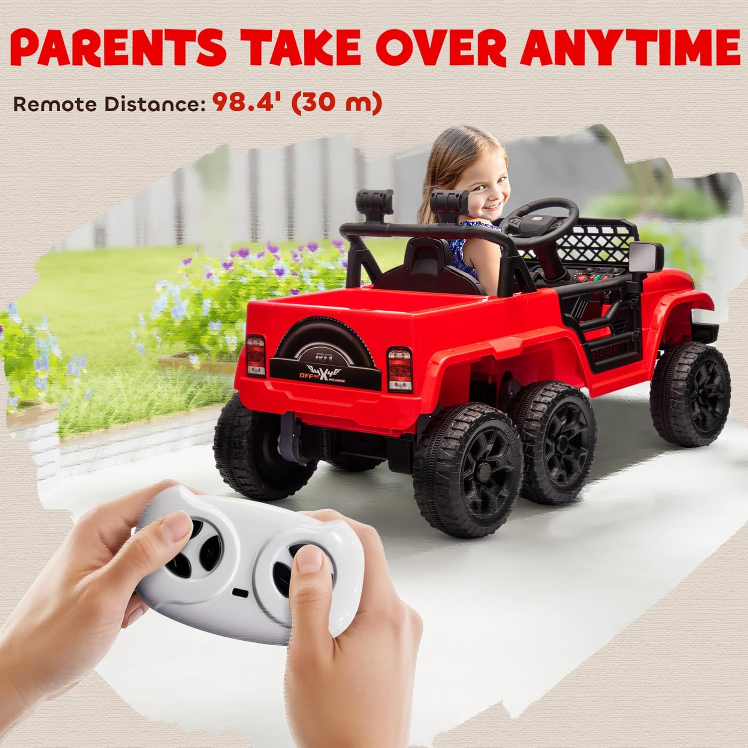 Qaba 12V 4x4 Kids Ride on Truck with Back Trailer, 2WD/4WD Switchable Kids Electric Car with Parent Remote Control, Spring Suspension System, Soft Start, Music, LED Light, Horn, Red