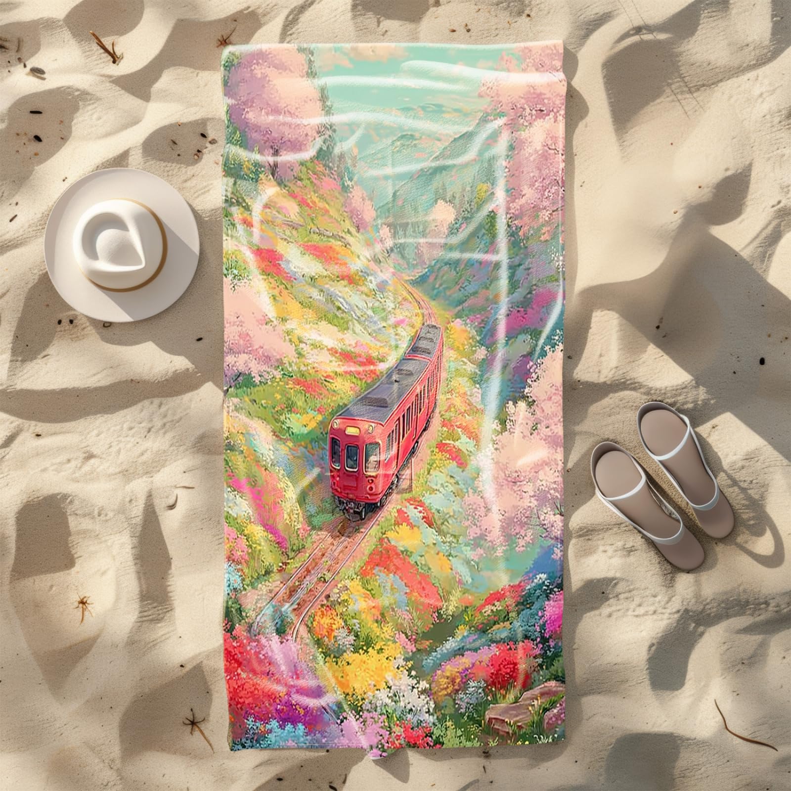 Tapis de Plage XXL Anti Sable Train, Fleurs Roses Serviette Piscine Adulte,Natte De Plage Pliable, Voyage Accessoires De Plage Camping,Serviette de Bain Personnalisée