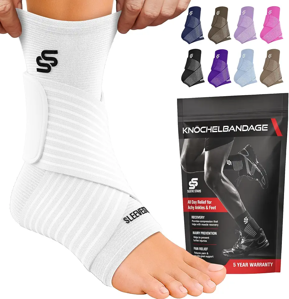 Verstauchung 1 Sleeve Stars Sprunggelenkbandage - Plantarfasziitis & Achillessehnen Entlastung, Fußgelenk Bandage mit verstellbarem Riemen I Knöchelbandage I Fußbandage für rechts oder links (1 Stück,Weiß)