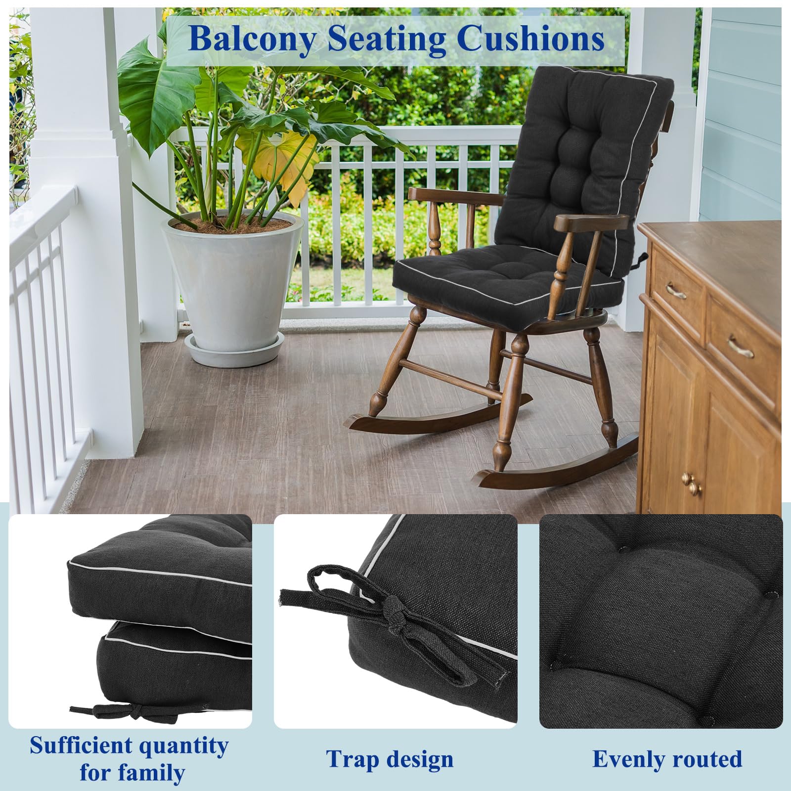 Outdoor Patio Cushions - Black Rocking Chair Pads -4 Outdoor Patio Cushions - Black Rocking Chair Pads -4