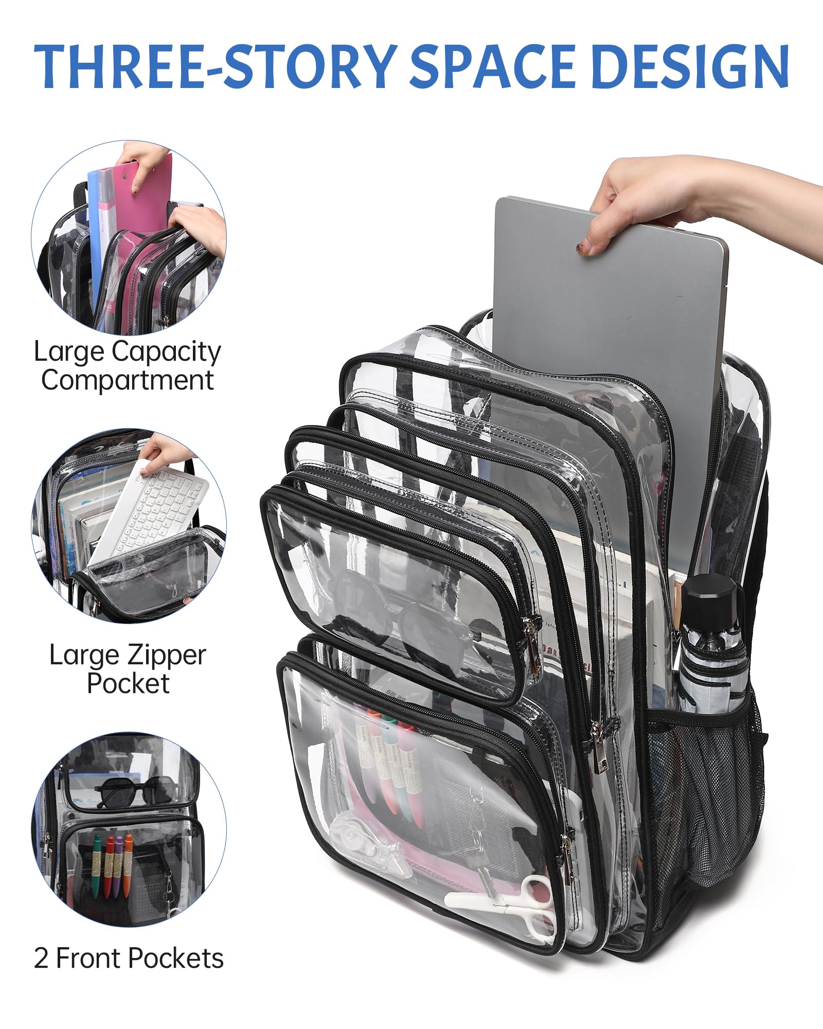 BAVERGE Transparenter Rucksack, strapazierfähig, 45,7 cm, extra große Büchertasche, 3 Vordertaschen und Schloss, für Stadionveranstaltungen, Reisen, Arbeit, Schwarz