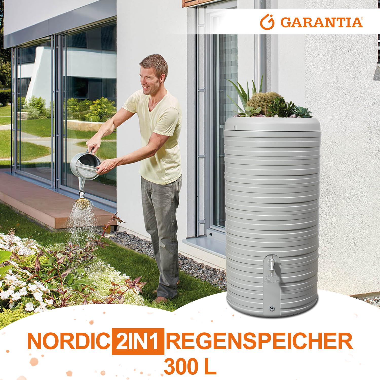 GARANTIA Nordic 2in1 Regentonne 300 Liter steingrau inkl. Pflanzschale