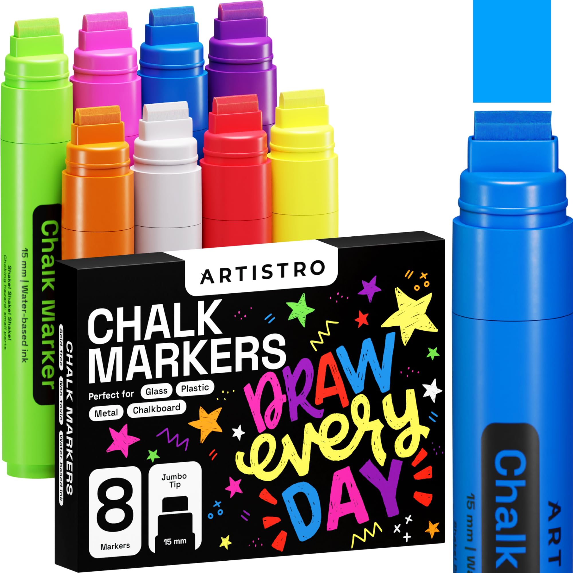 ARTISTRO 8 Liquid Chalk Jumbo Markers Pre-Activated, Liquid Chalk Markers Erasable Chalk Markers for Glass, Signs, Windows, Cars, Chalkboard Markers with White Chalk for Kids & Adults