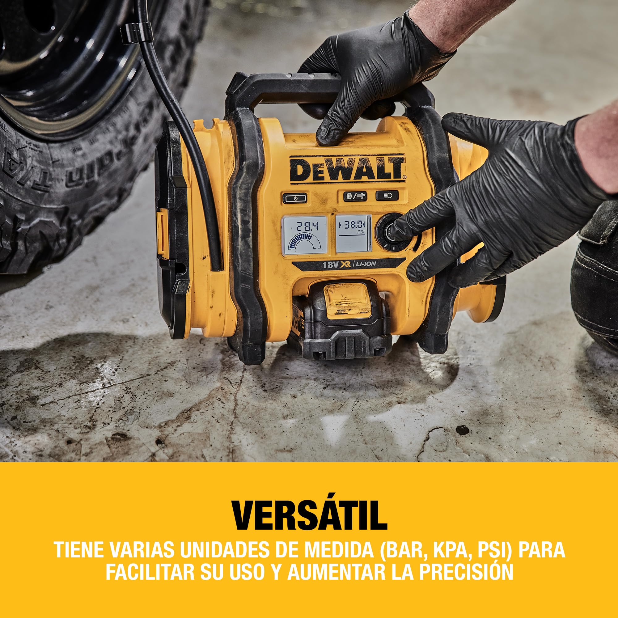 DEWALT Inflador XR 18V, con LED, 3 fuentes de alimentación, Cargador de coche 12V o red eléctrica, Presión máxima 11 Bar, Manómetro digital, Sin cargador/batería, DCC018N-XJ
