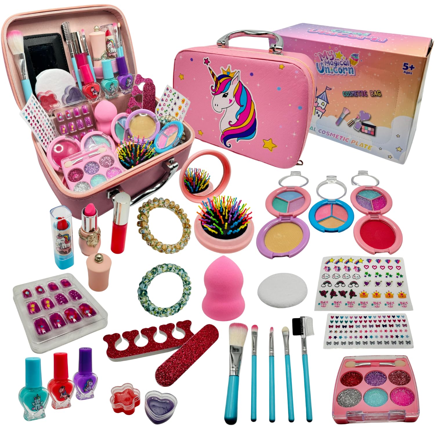 COOL UNICORN Maquillaje Unicornio - Maletin Maquillaje Niñas, Set Completo Pintauñas, Kit Maquillaje Niña, Estuche maquillaje infantil, Pack Pintalabios, Make UP, Lip Gloss, Regalo Niño 3 4 5 6 7 años
