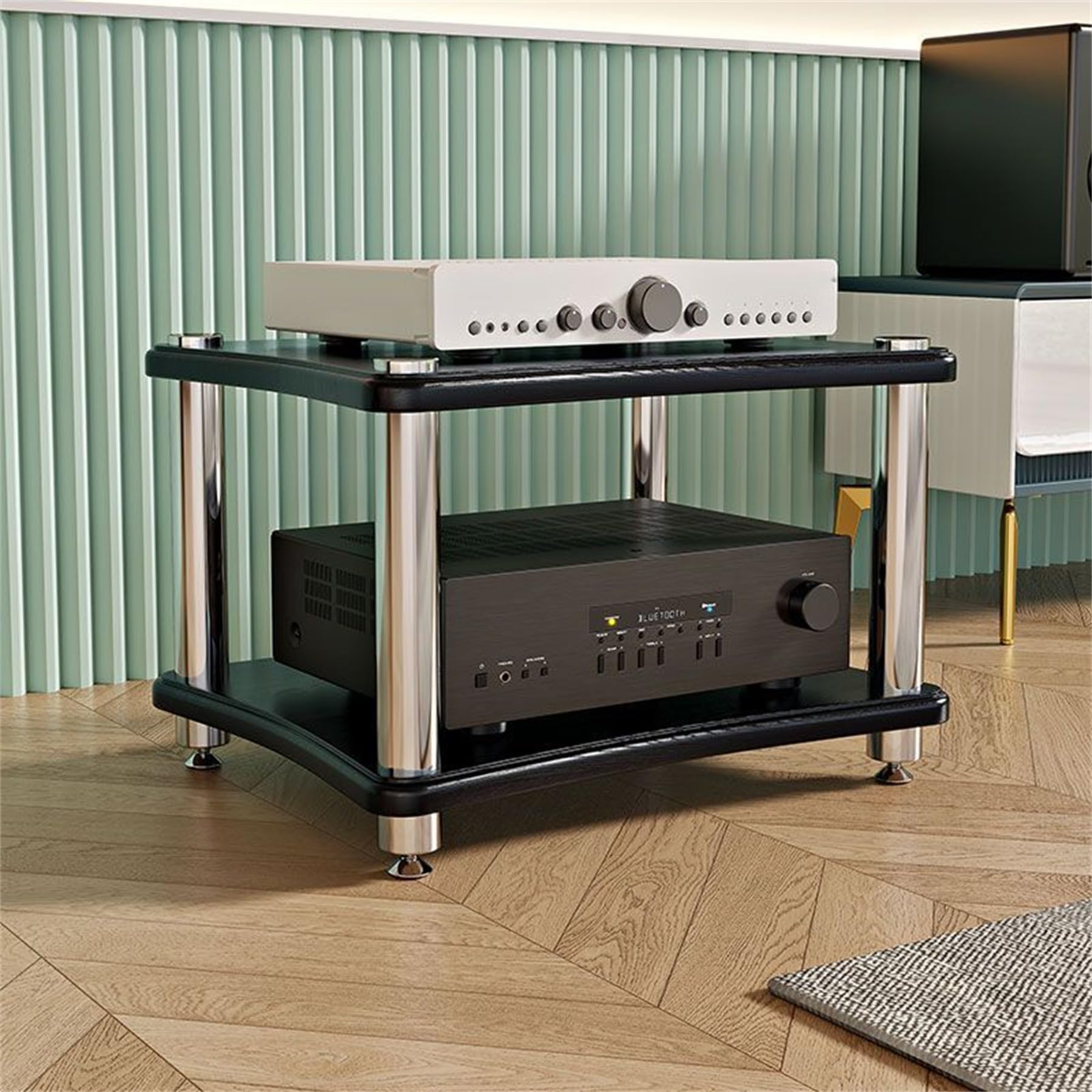 Czarny 2-poziomowy stojak o – obsługa odtwarzacza płyt winylowych, stojak na muzykę HiFi na konsole do gier, futerko i design