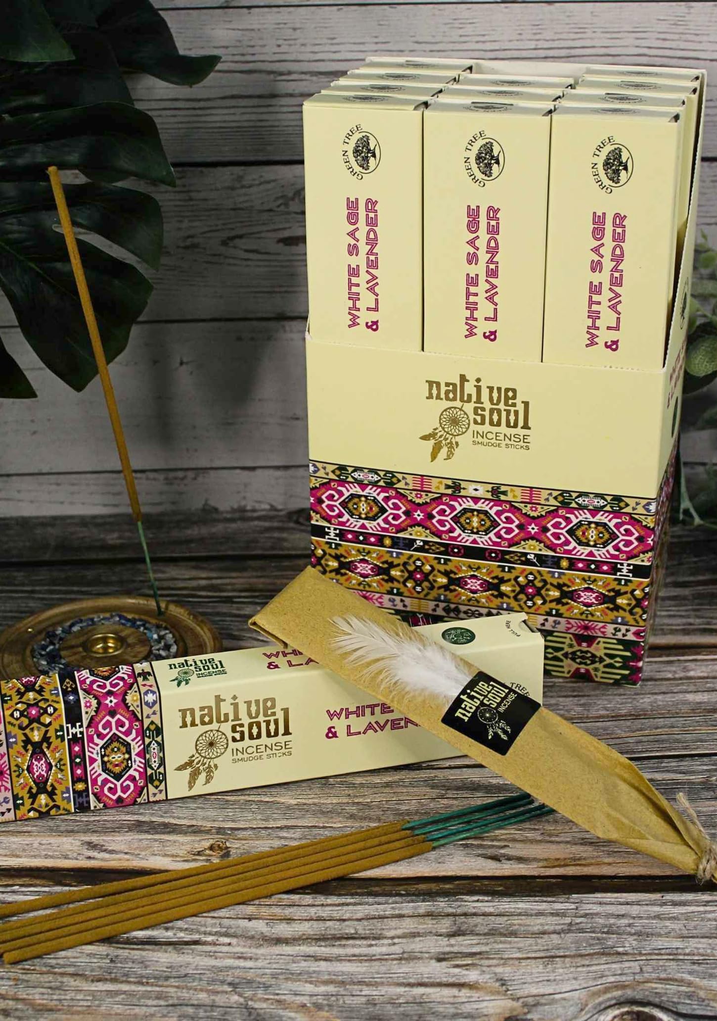 Native Soul White Sage & Lavender Incense Sticks – Pack of 3 with JRose Incense Burner – Calming & Cleansing for Relaxation, Meditation & Smudging – Long-Lasting Aroma