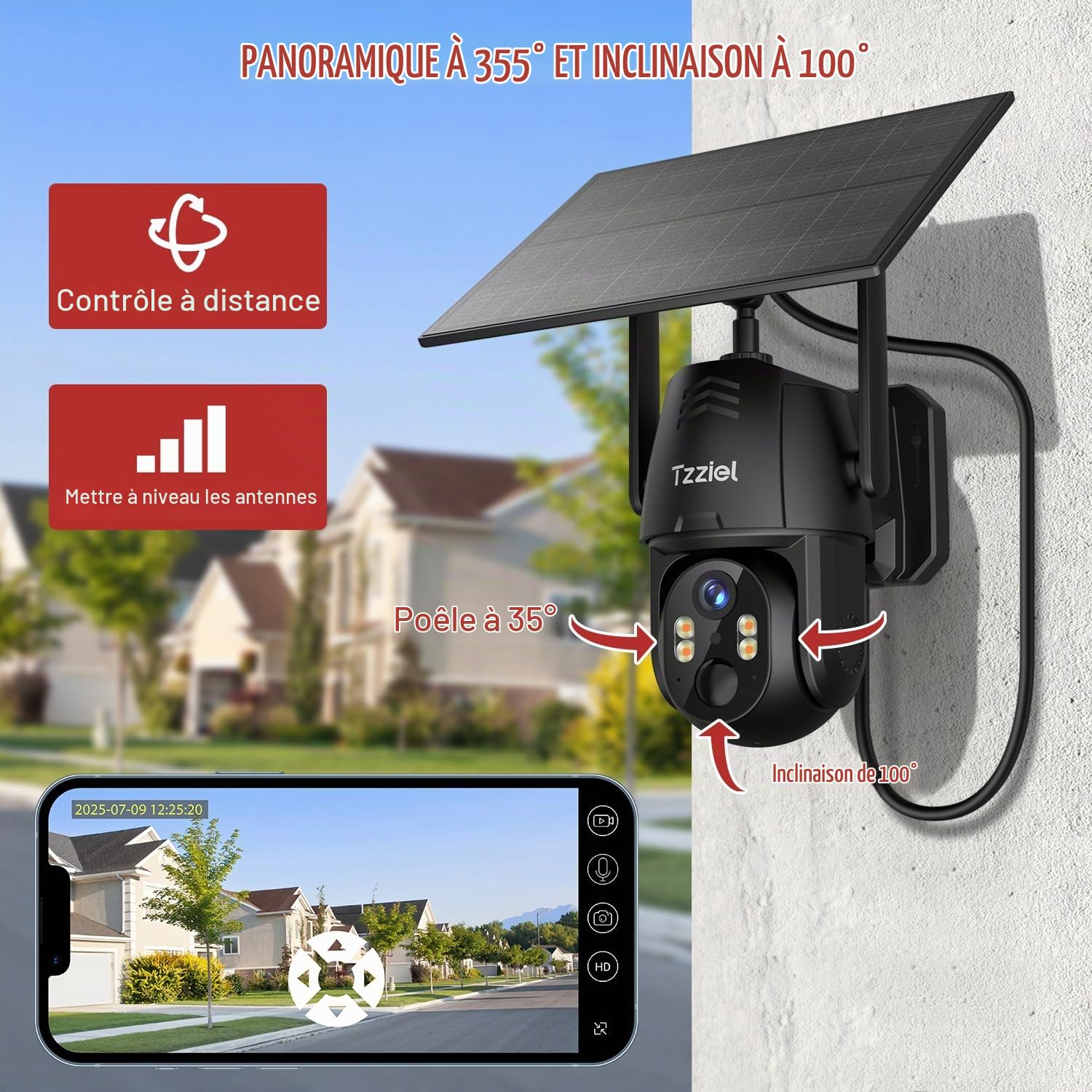 4G LTE caméra de sécurité extérieure sans Fil à énergie Solaire,2K Solaire PTZ 4G avec Carte SIM（sans WiFi）, Détection Humaine PIR, , Batterie 10400 mAh, Cloud TF, Audio Bidirectionnel, Etanche IP66