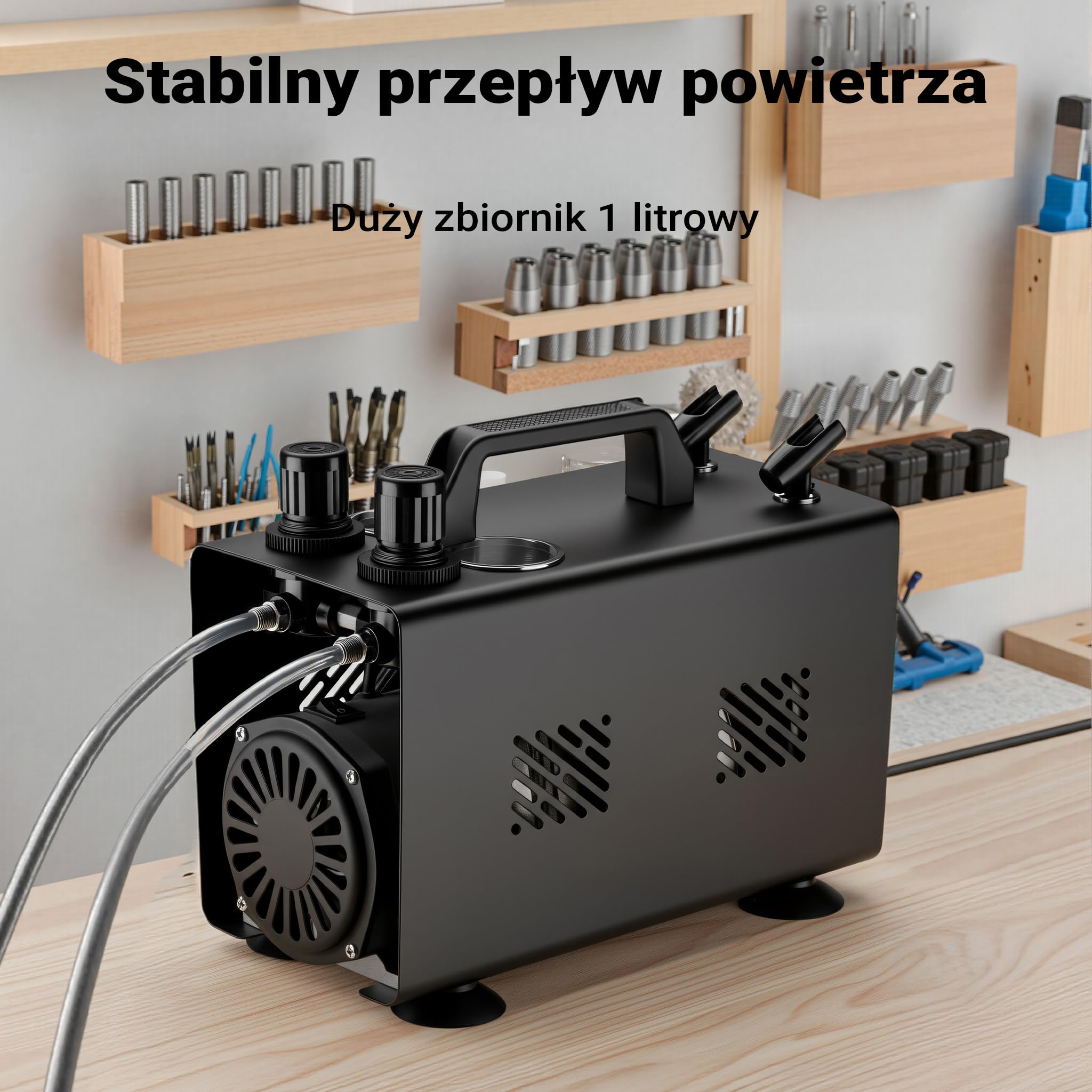 Wiltec Kompresor aerograficzny AS18TA 1/6 KM, sprężarki powietrzne z przepływem powietrza 20-23 l/min, kompresor do pistoletu aerograficznego z 2 wtyczkami, z manometrem do aerografu