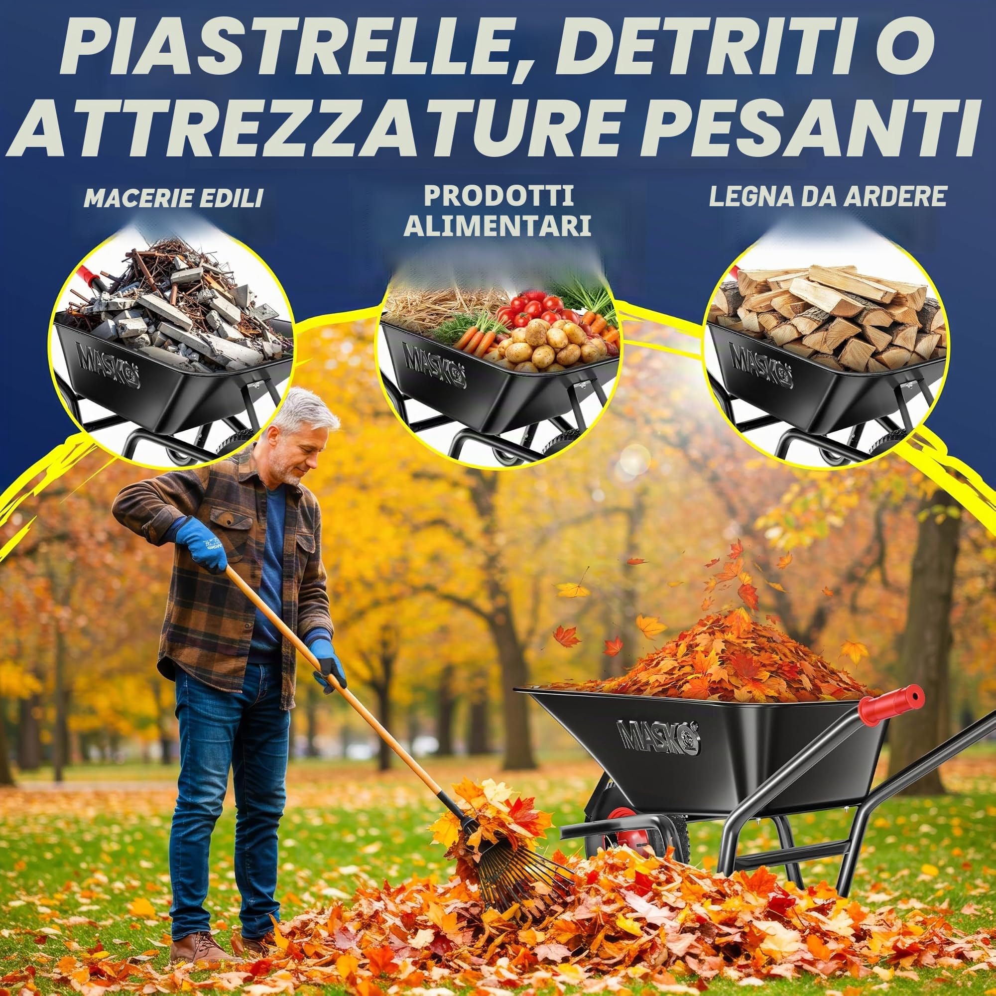 MASKO Carriola da Giardino, 100 Litri, 250 Kg, Pneumatici con Cerchione in Acciaio + Tubo di Ricambio, Telaio in Acciaio Zincato
