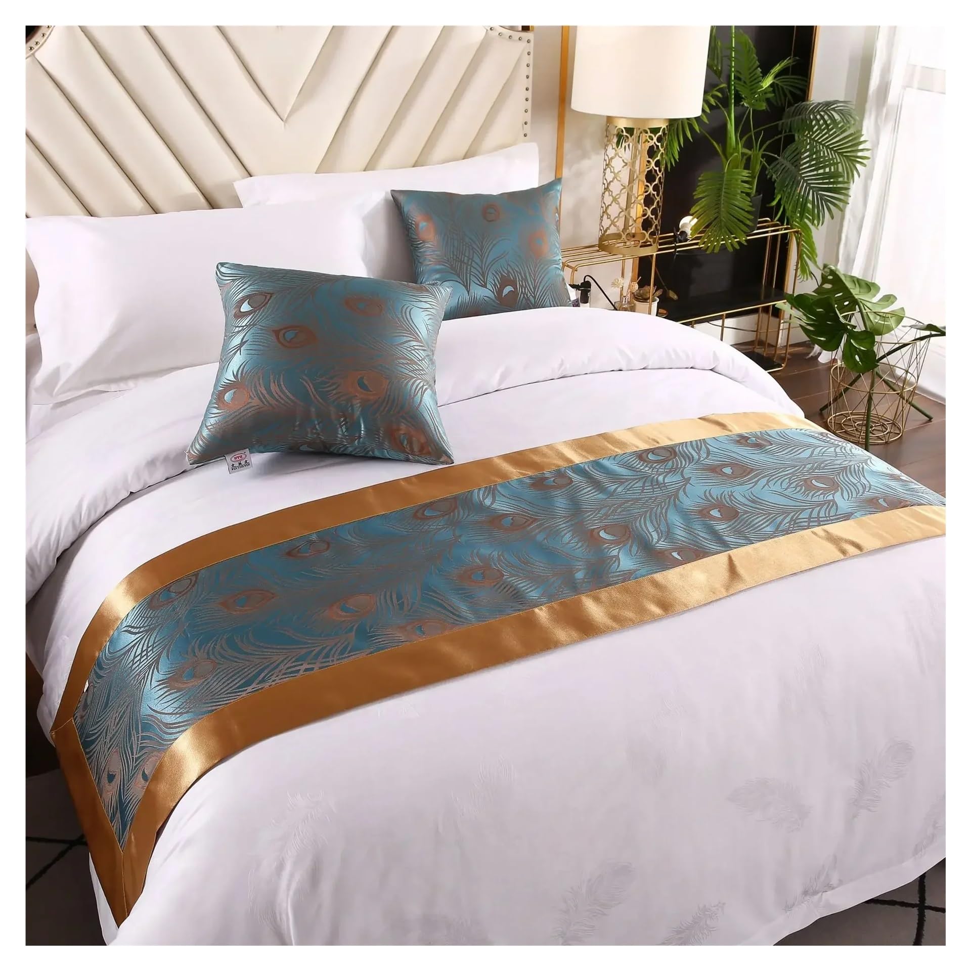 Drapeau de lit à motif queue de phénix de 50 cm de large, fond bleu avec bord doré, serviette de chevet, décoration de lit, hôtels, séjours chez l'habitant (style 3,50 x 260 cm, 1 pièce)