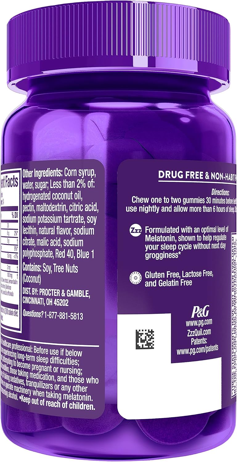 ZzzQuil Pure Zzzs, Melatonin Sleep Aid Gummies with Lavender, Valerian Root and Chamomile, Natural Wildberry Vanilla Flavor, Non-Habit Forming, Drug-Free, 48 Count (Pack of 3)