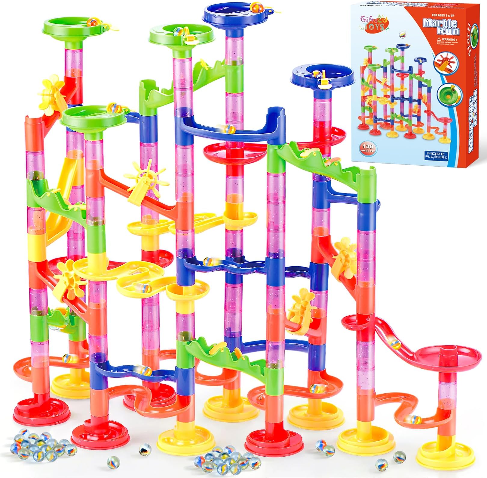 Marble Run Toy, 130Pcs Educational Construction Maze Block Toy Set with Glass Marbles for Kids and Parent-Child Game
