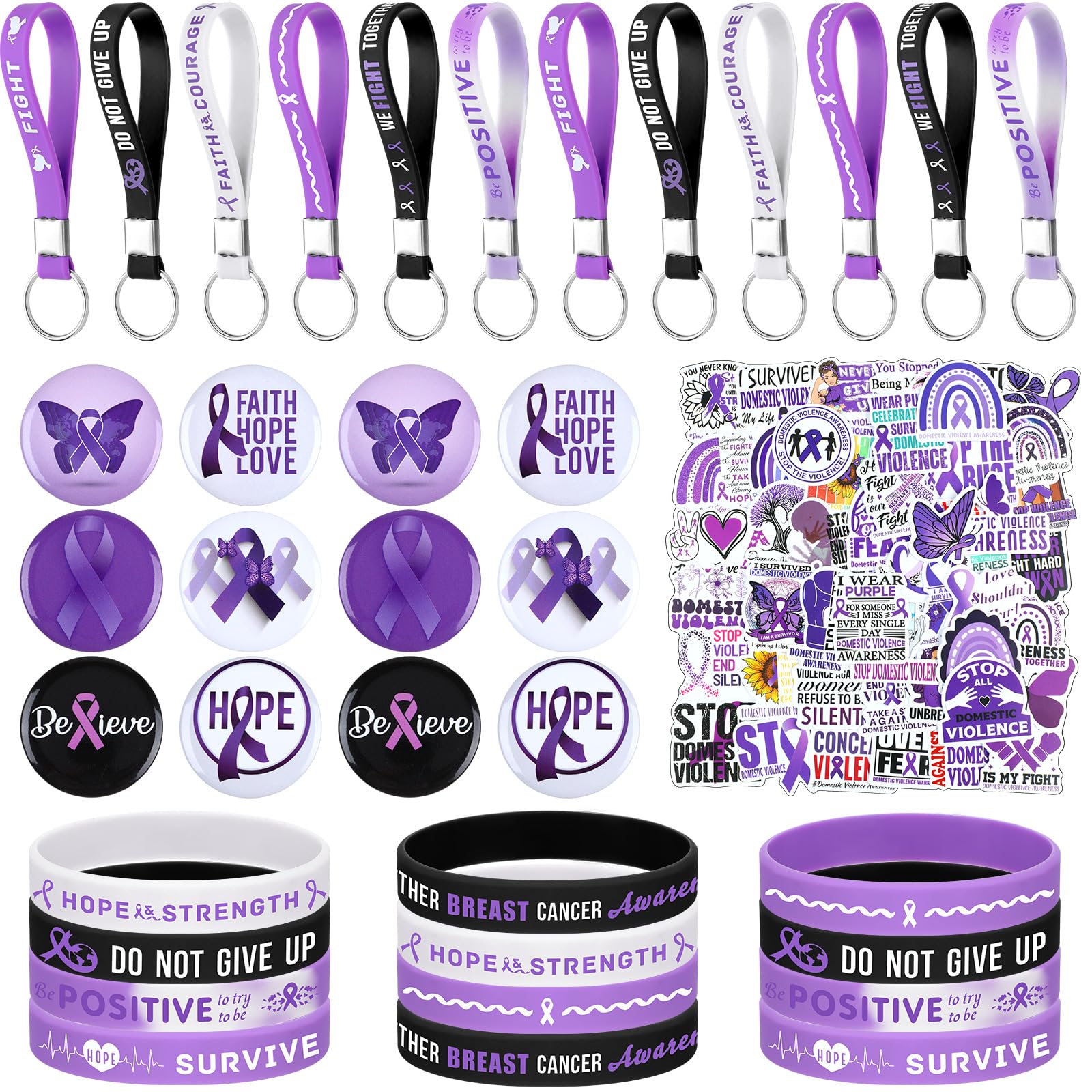 Hotop 86 Ribbons Awareness Accessories Include 12 Silicone Bracelets 12 Silicone KeyChain 12 Badges Pins 50 Vinyl Stickers for Animal Abuse Alzheimer's Pancreatic Cancer Violence (Purple,Cancer)