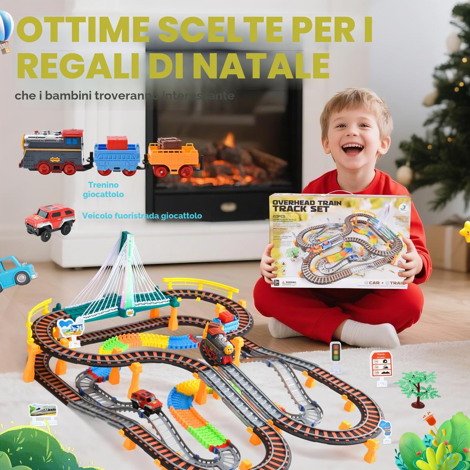 Trenino Elettrico per Bambini, 215 PCS Piste Macchinine per Bambini, Giocattolo Auto Pista Flessibile, Piste per Automobili con Ponte, Regalo Natale Compleanno 3-12 Anni