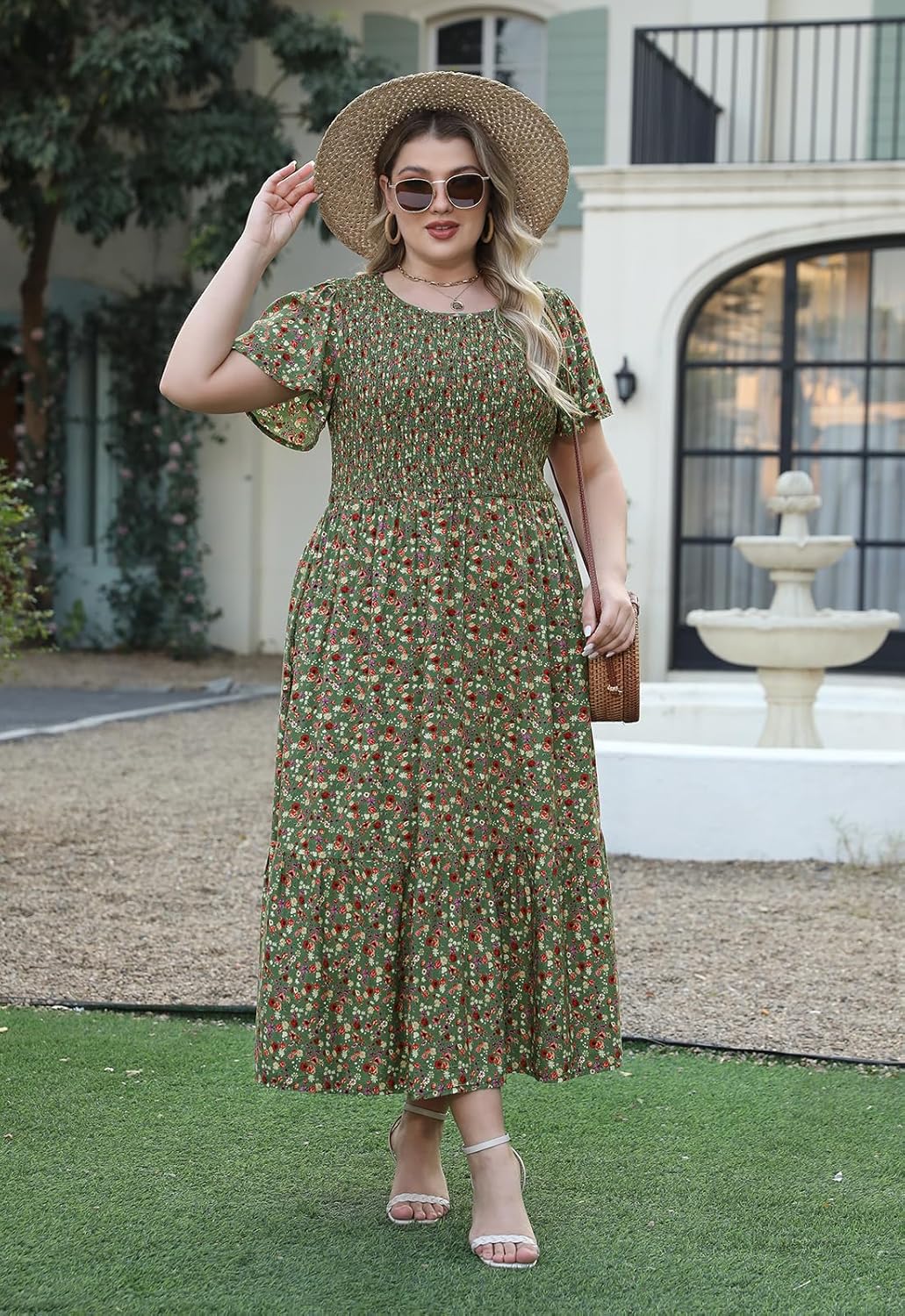 Nemidor Plus Size Womens Casual Maxi Dress Summer Ruffle Sleeve Ditsy Floral Print Boho Long Dresses with Pocket 16-26 - Image 4