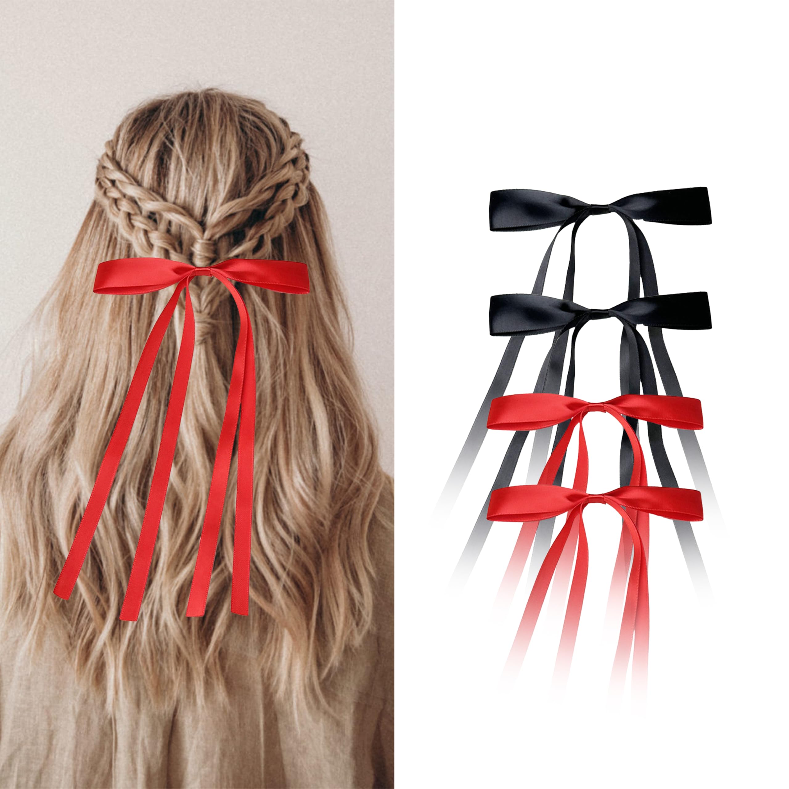 Tisoloow Hair Bows for Women Hair Clip Ribbon Bowknot Hair Clips for Women with Long Tails Hair Accessories Solid Claw Barrettes with Bows for Girls and Women 0 Red*2&Black*2 One Size