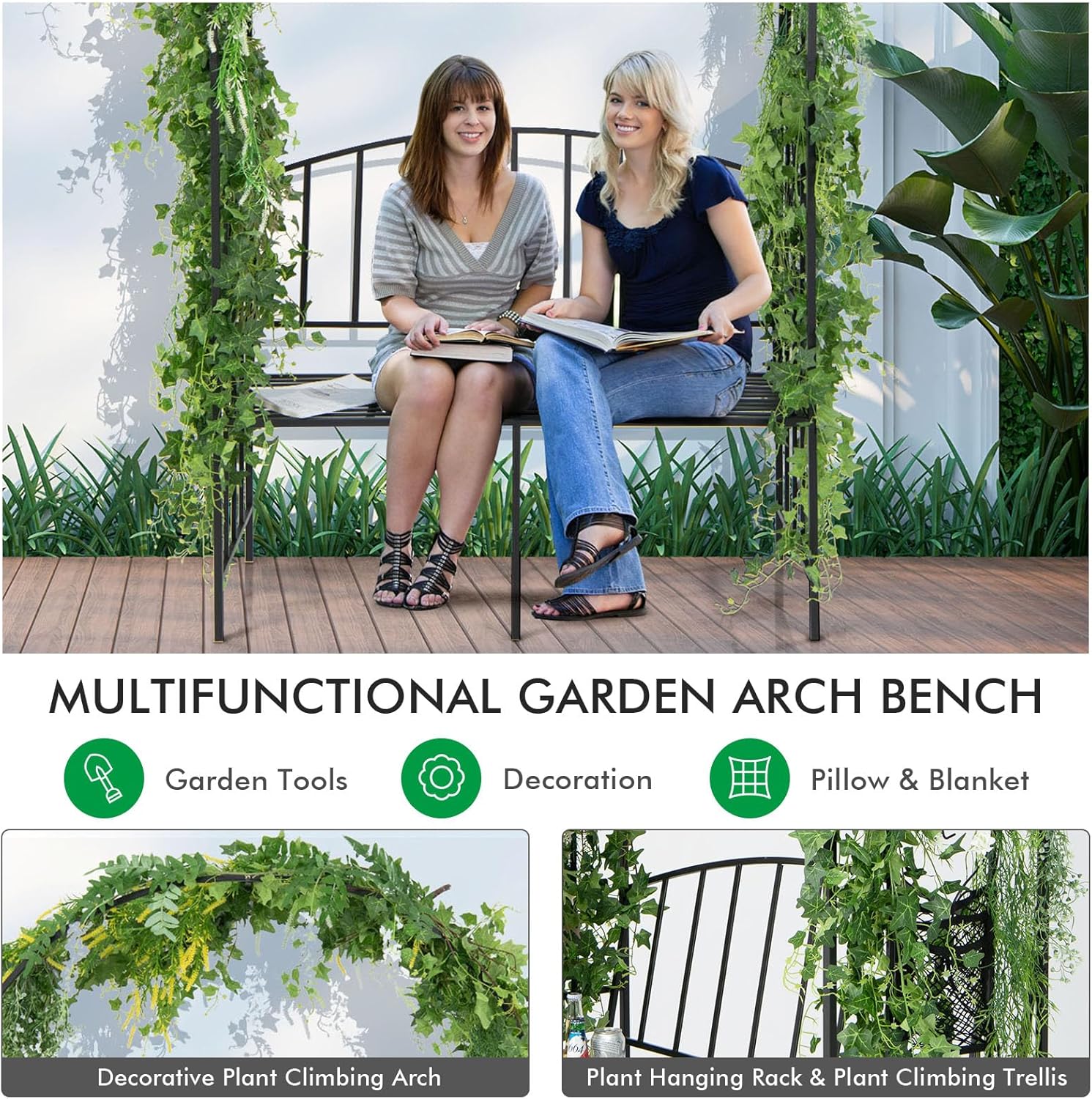 IRONMAX Garden Arch with Bench, Heavy Duty Steel Garden Arbor with Storage Bag, Outdoor Garden Trellis Decoration for Climbing Plants Rose Vines Wedding Bridal Party