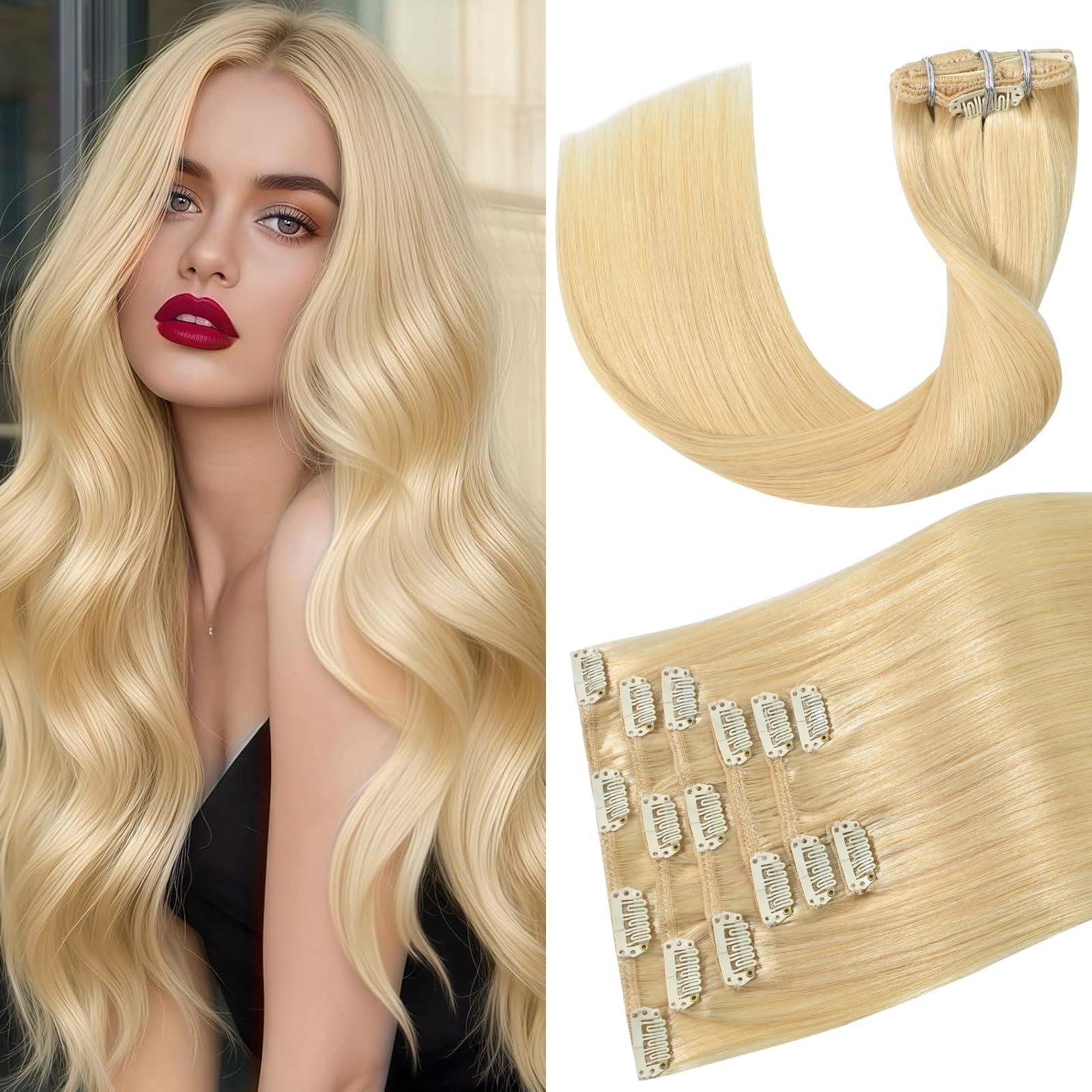 Aison Bleach Blonde Clip in Hair Extensions Real Human Hair 75G 100% Remy Human Hair Clip ins Hair Extensions 7pcs 16clips 12 Inch