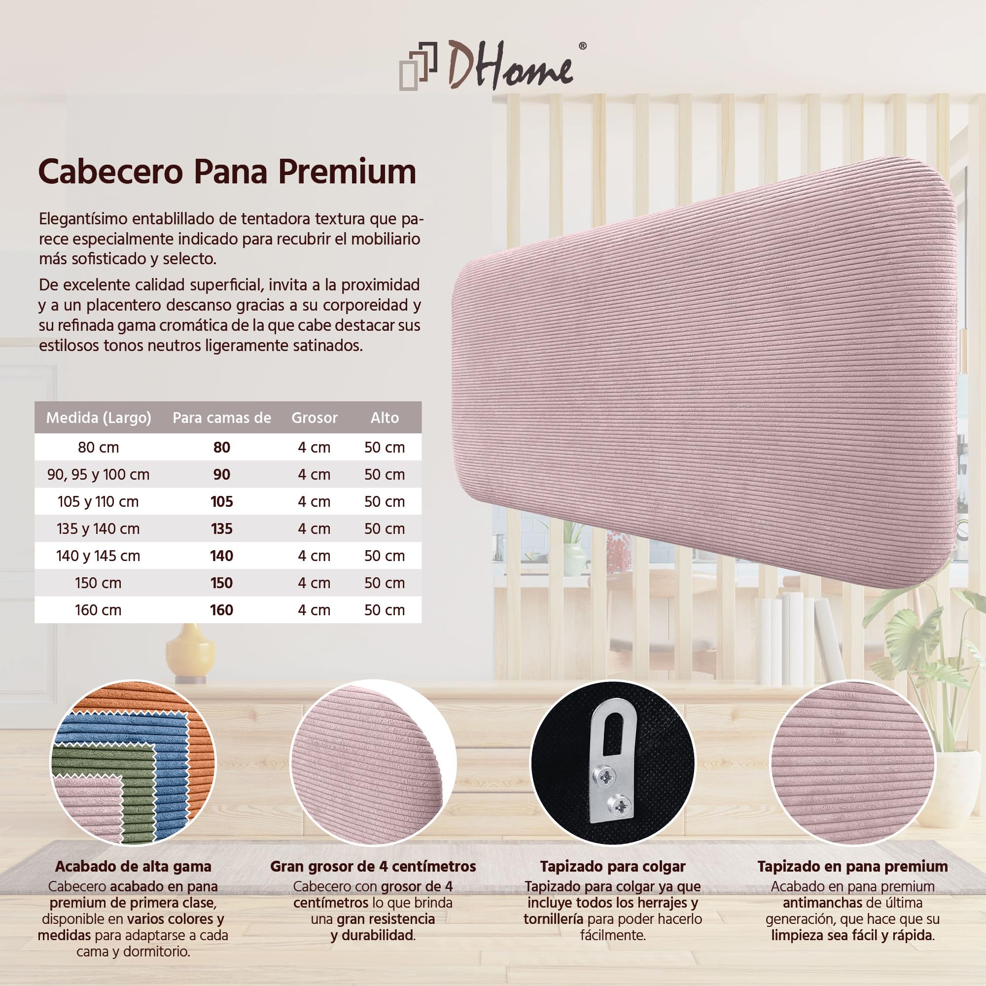 DHOME Cabecero Tapizado Liso Redondeado Pana Premium para Pared Acústicos Cabeceros Absorbentes Cabezal Cama Dormitorio (Rosa Palo, 80cm)