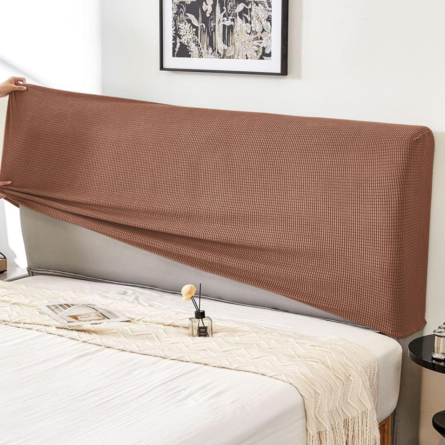 HOKIPO Jacquard Stretchable Bed Headboard Cover for Single Bed (84x65 cm) | Soft & Wrinkle-Resistant Bed Back Protector | Fits Bed Headboard of 3ft to 3.5ft Beds, Brown (NEW-AR-5625-BRN)-image-19