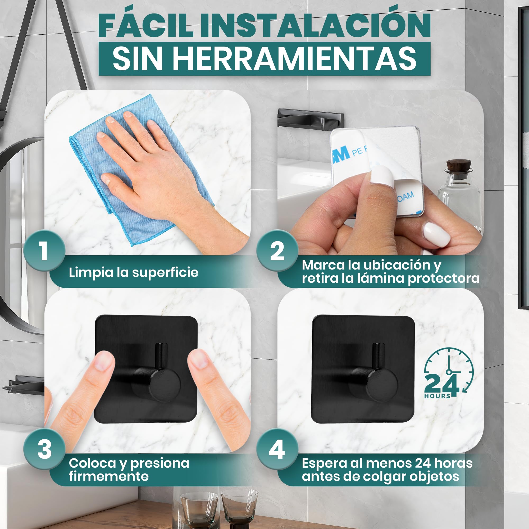 ️Accesorios Baño Sin Taladro Set 9 Piezas Negro, Toallero y Portarrollos con Adhesivo o Tornillos, Ganchos de Pared