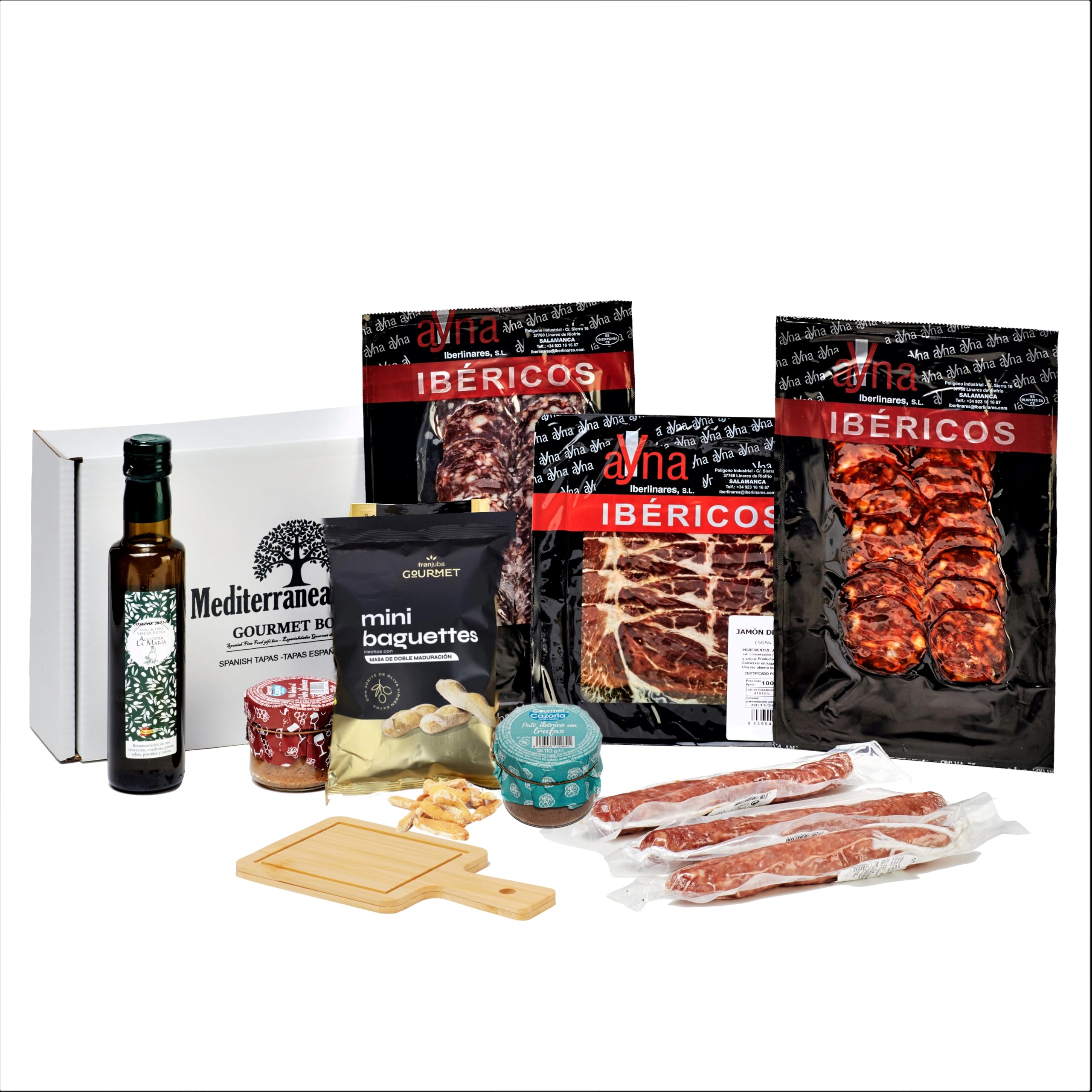 Caja Cesta Gourmet Regalo - Lote embutidos Ibericos salchichón chorizo y jamon + Pate Iberico de Trufa y Pedro Ximenez + 3 piezas Fuets +Aceite Oliva Virgen Extra + Picos Artesanos