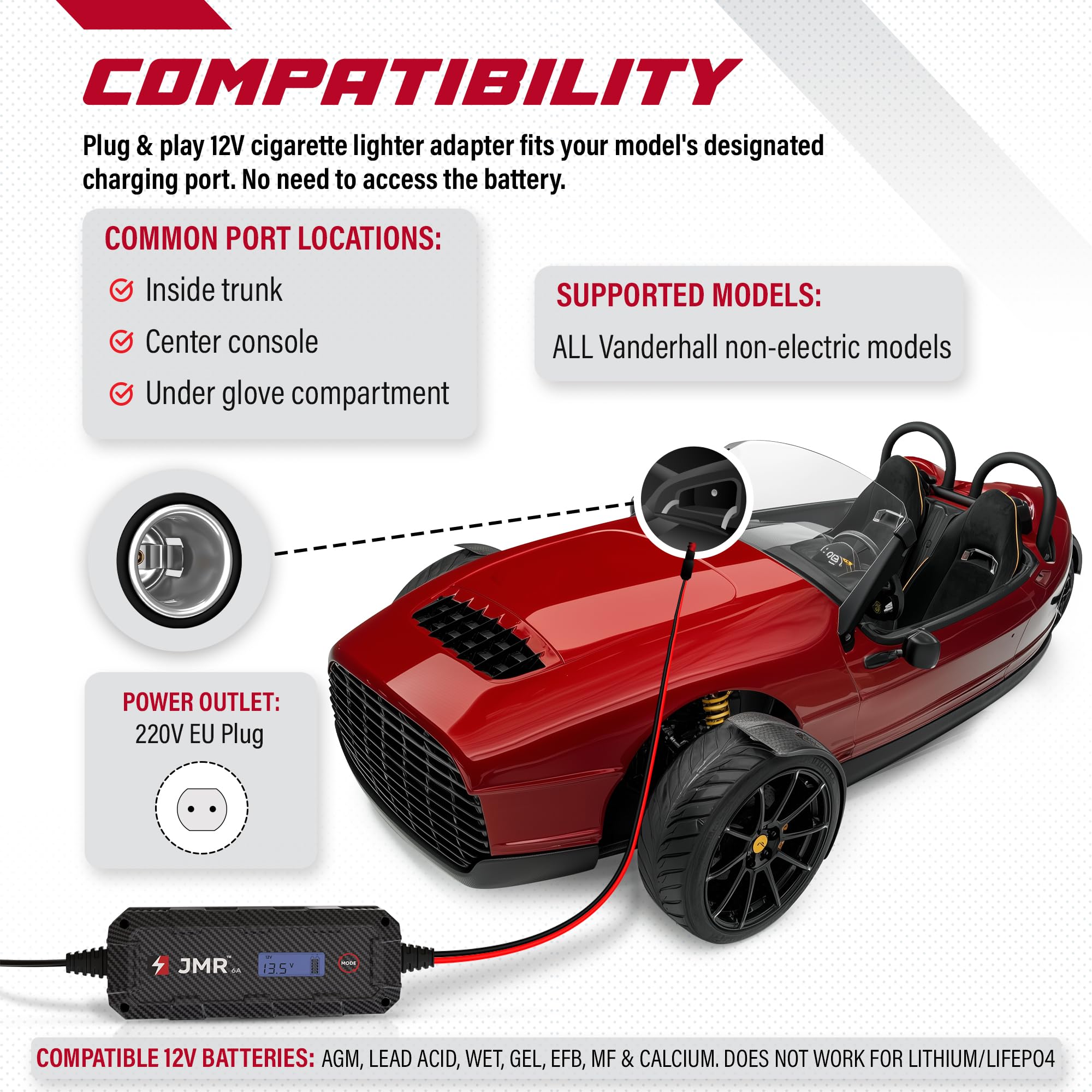 JMR Battery Charger for Vanderhall Venice Carmel Edison Brawley Laguna All Models Trickle Charger Conditioner Maintainer (No Lithium Mode)