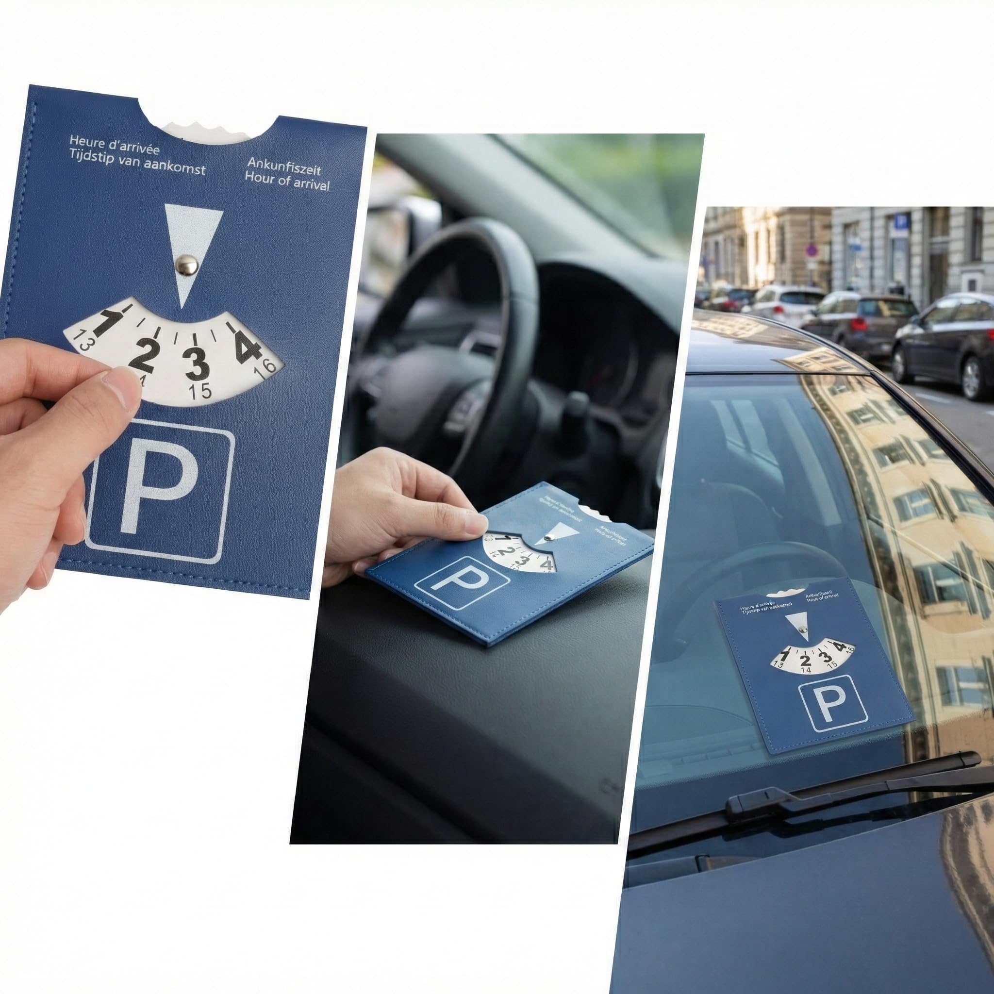 Disco horario Europeo para estacionamiento 1 Unidad Grande 10x13 cm Color Azul en Cuero sintético Suave para Coche Moto y Autocaravana Uso Urbano y Viajes