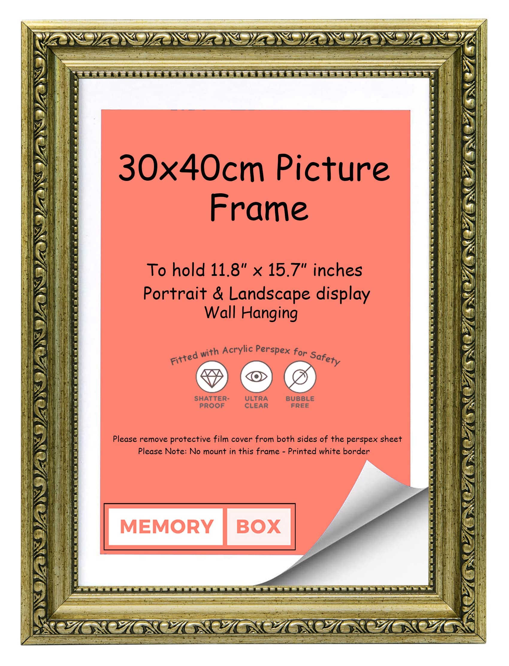 Memory Box Ornate Shabby Chic Picture/Photo/Poster frame with Real Glass - (30 x 40cm) Champagne 11.8" x 15.7"