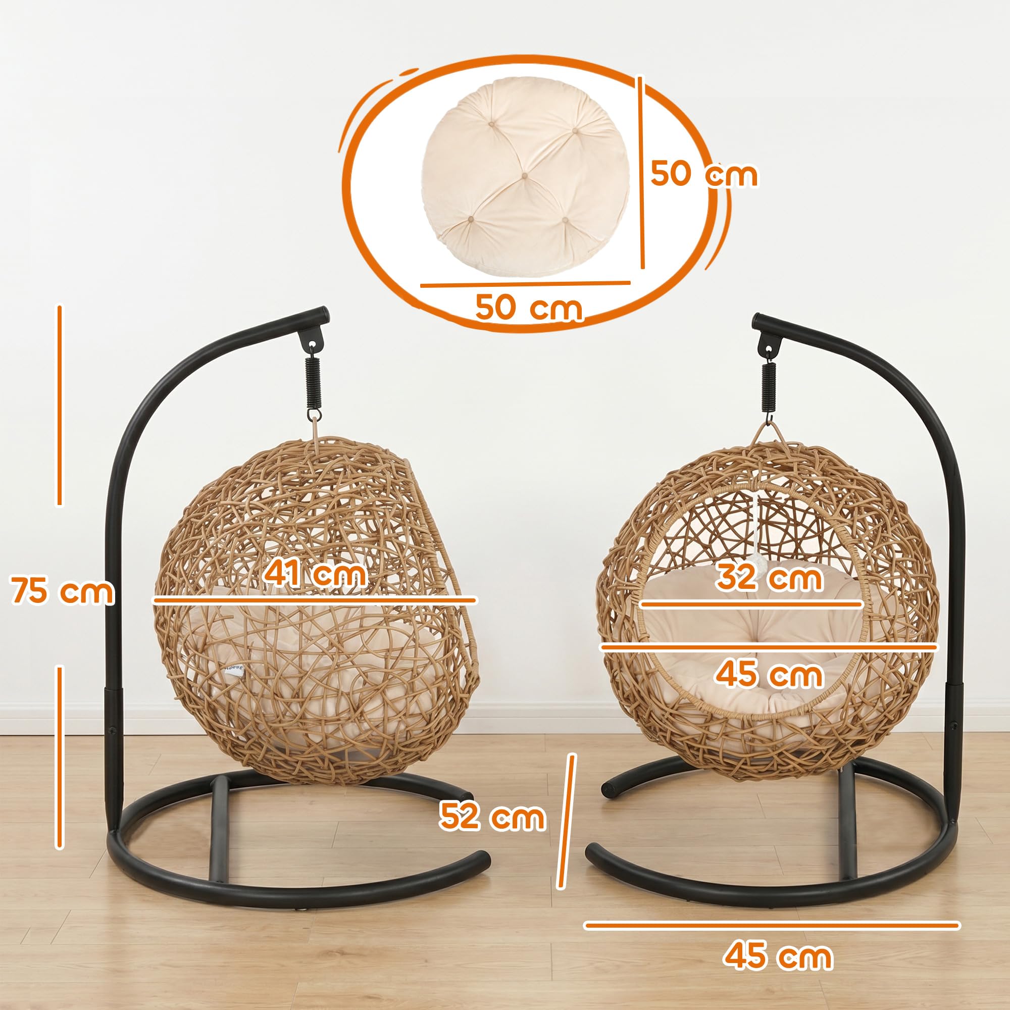 PawHut Cama para gatos de ratán con cojín lavable y pelota de juego, cesta colgante con estructura, casa para gatos de hasta 10 kg, 45 x 41 x 75 cm, marrón claro