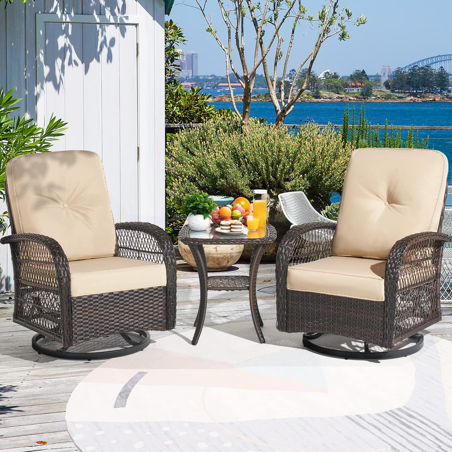 Aoxun 3-Piece Rocking Rattan Chair Outdoor, Patio Bistro Furniture Set, 2 Cushioned Swivel Wicker Chair with Coffee Table，Brown