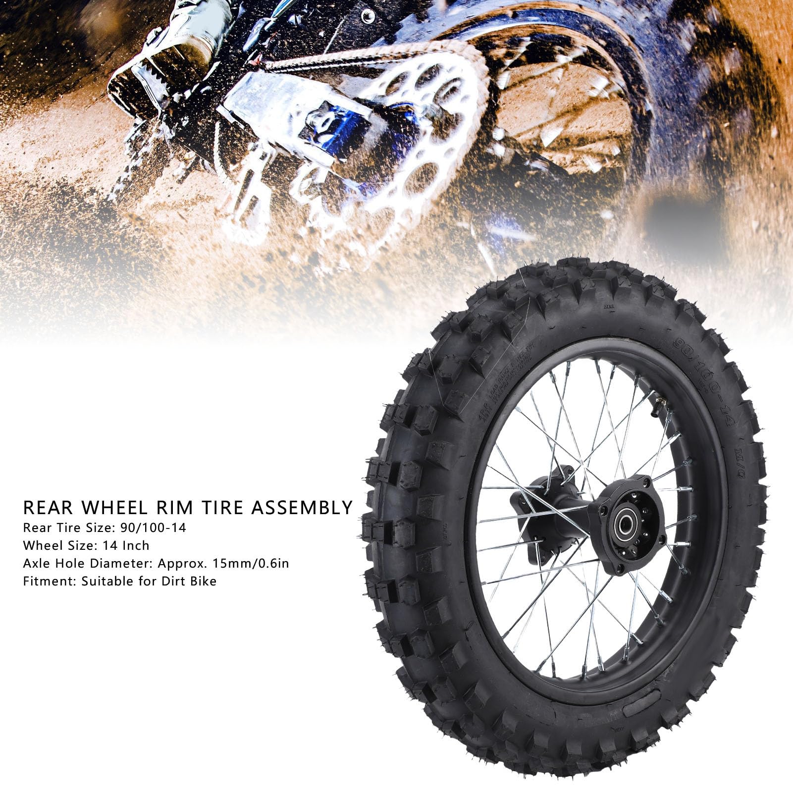 Luocute 14-calowy zespół Opony na felgę Tylnego Koła, Zamiennik 90/100-14 dla CRF70 90 110 125 140 150 160 Ml Dirt Monkey Bike, z osią 15 Mm, Przeznaczony do Motocykli Terenowych