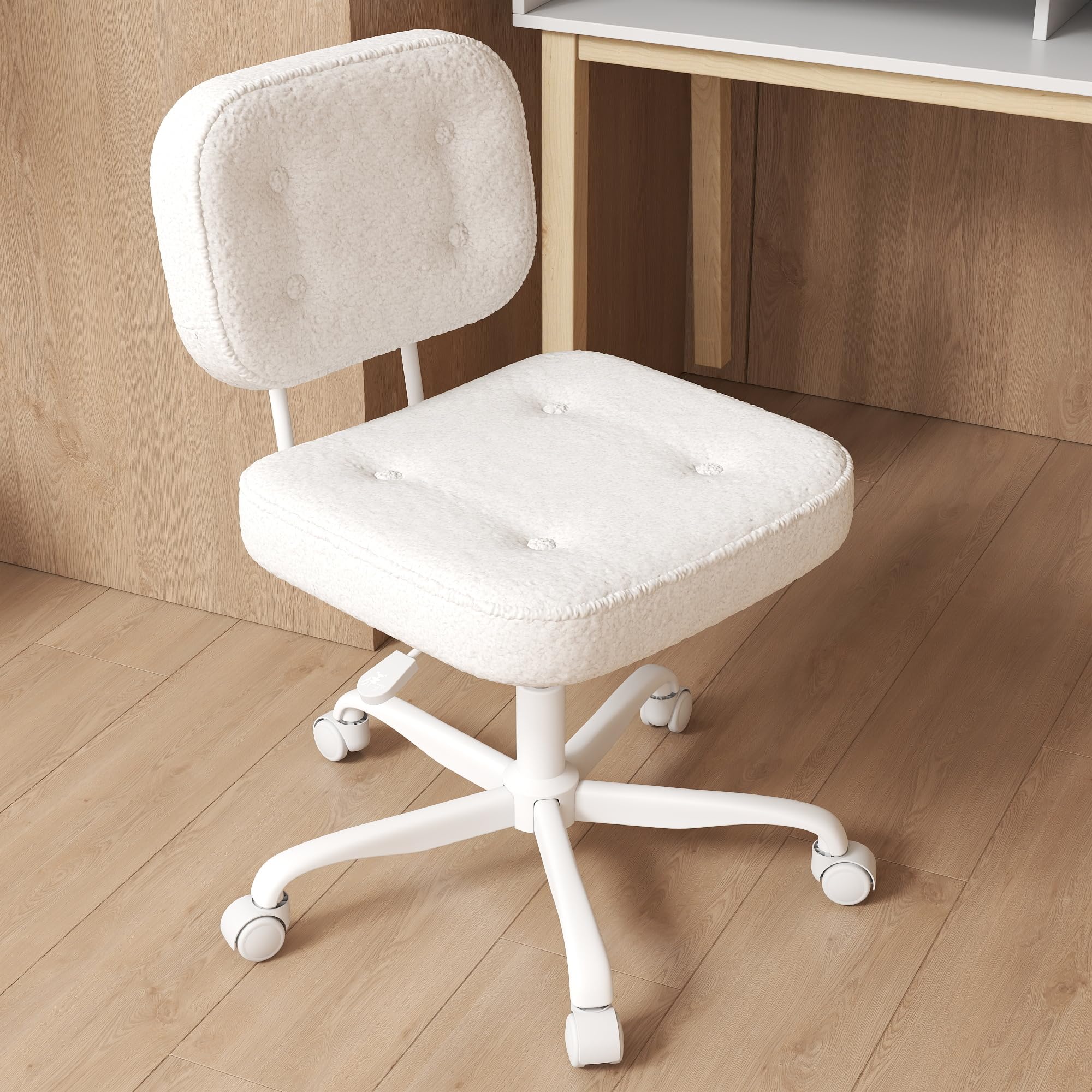 AnyGod Armless Desk Chair for Home Office, Compact Swivel Task Seat with Adjustable Height & Wheels, Ergonomic Low Back Computer Chair for Small Spaces, Study & Dressing Tables, White Teddy-Fleece — image 1