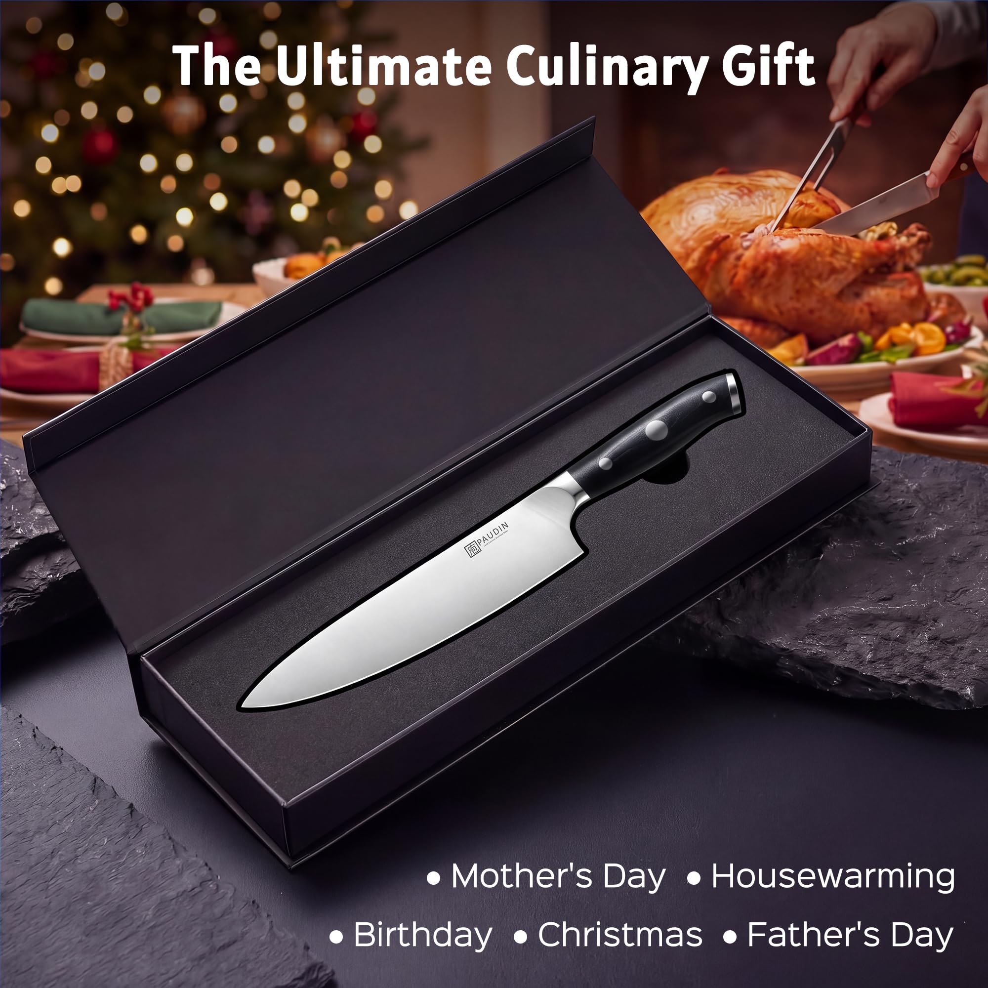PAUDIN Chef Knife,8 Inch Professional Kitchen Knife Dishwasher Safe,Forged German Stainless Steel Sharp Cooking Knife,Ergonomic G10 Handle Full Tang Meal Prep Knives,Home Restaurant Gift for Men Women — Amazon image 9