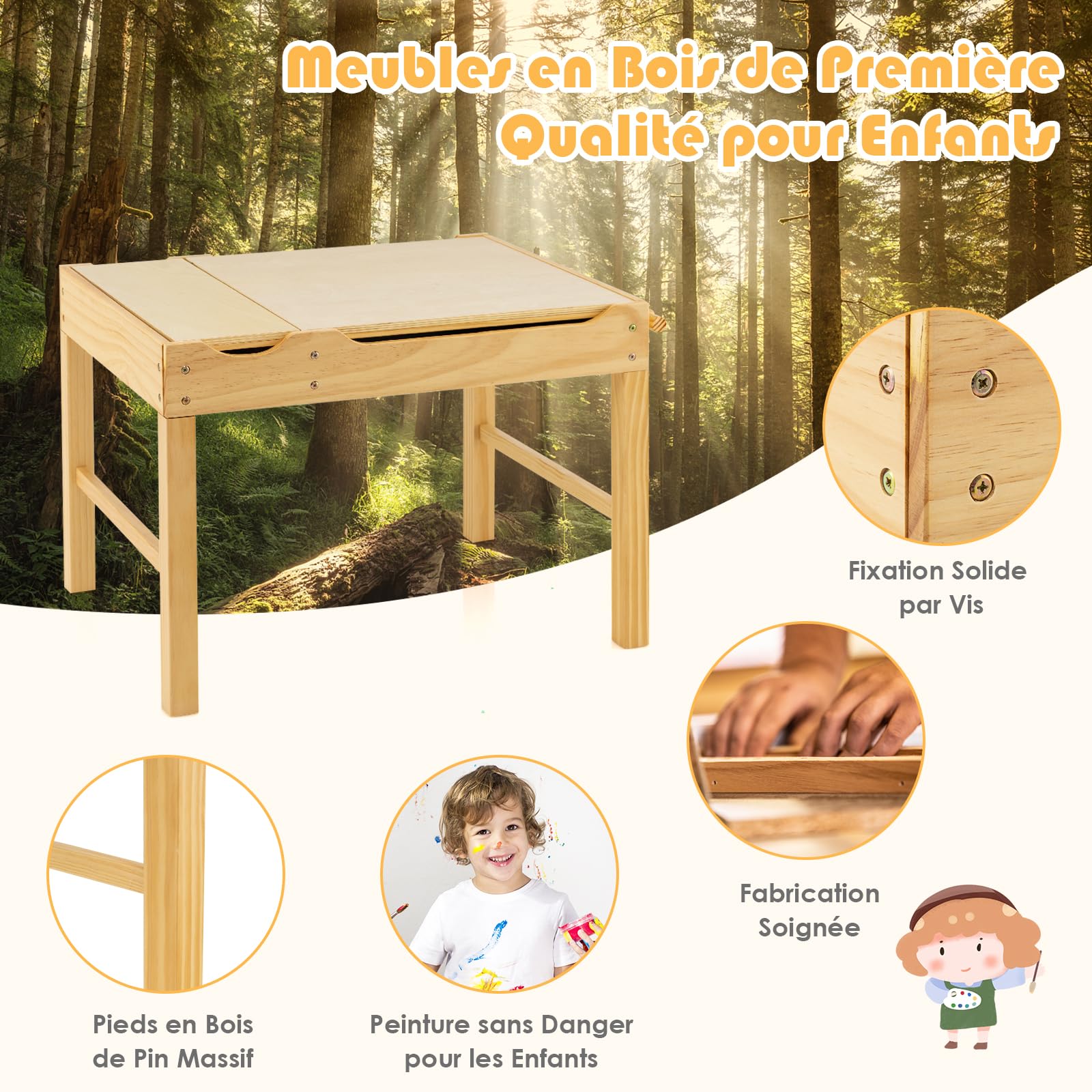 DREAMADE Table de Jeu Multi-Activités en Bois Enfants 80x60x57CM,Table de Construction Réversible Tout-Petits 3+Ans avec Plateau Double Face,Rouleau de Papier,3 Cubes,Papier Dessin (Naturel)